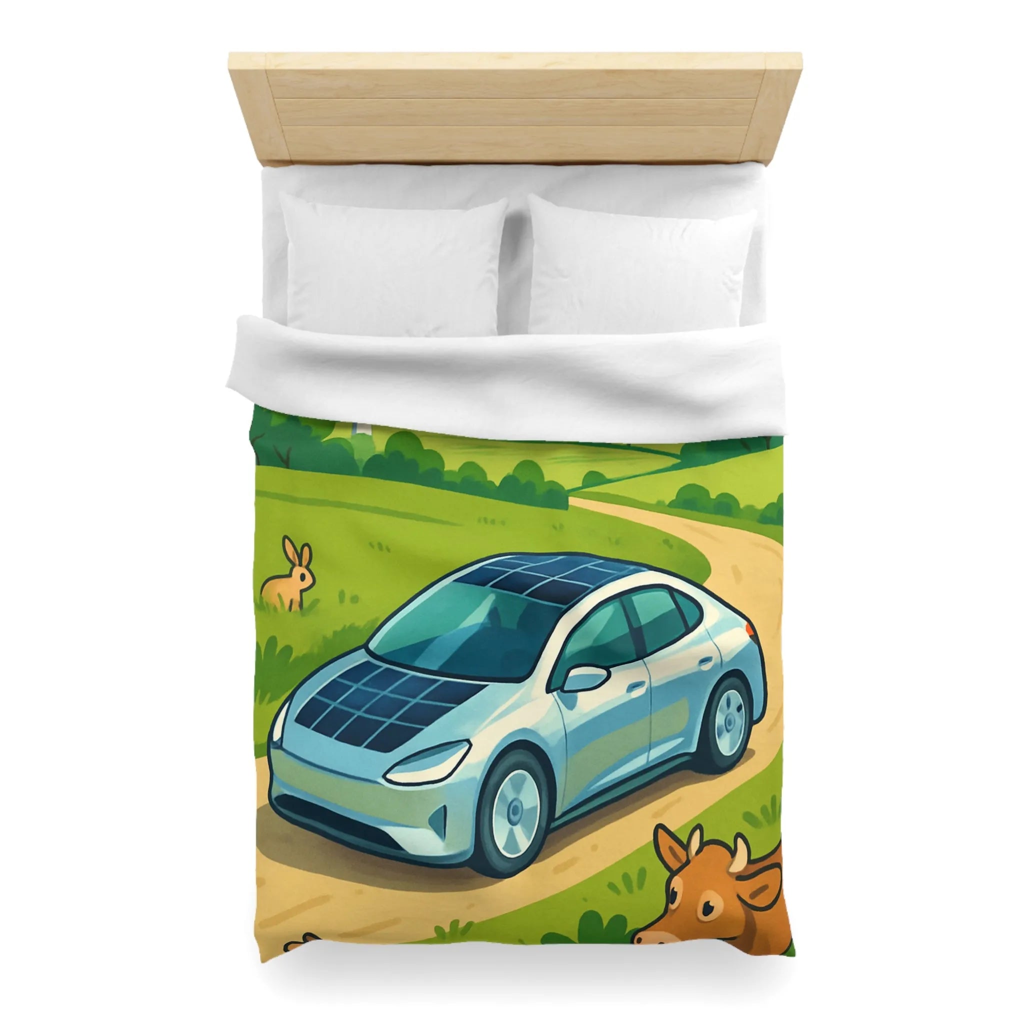 Housse de couette écologique avec voiture solaire, éoliennes et animaux dans la nature