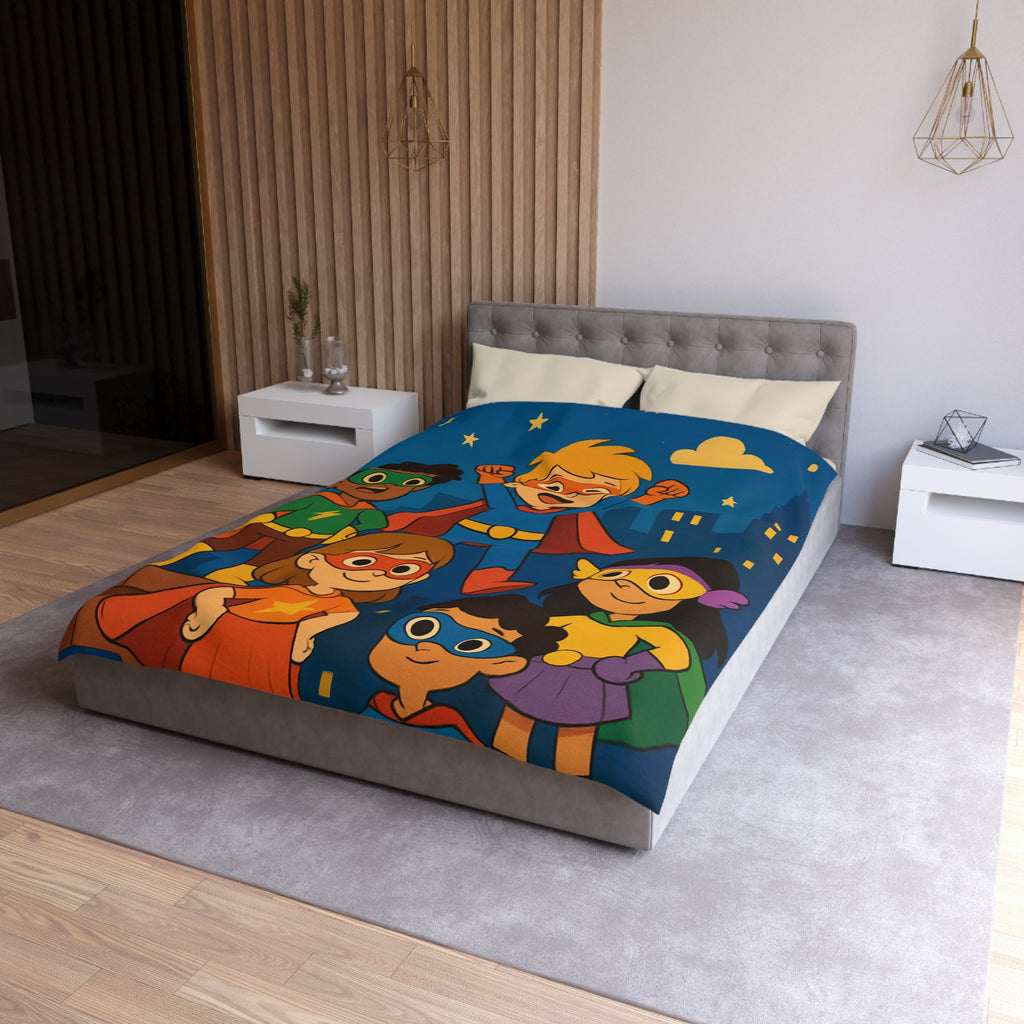 Super-héros Enfants Volant Nuit Ciel Étoilé Ville Amis Confiants Housse de Couette Colorée