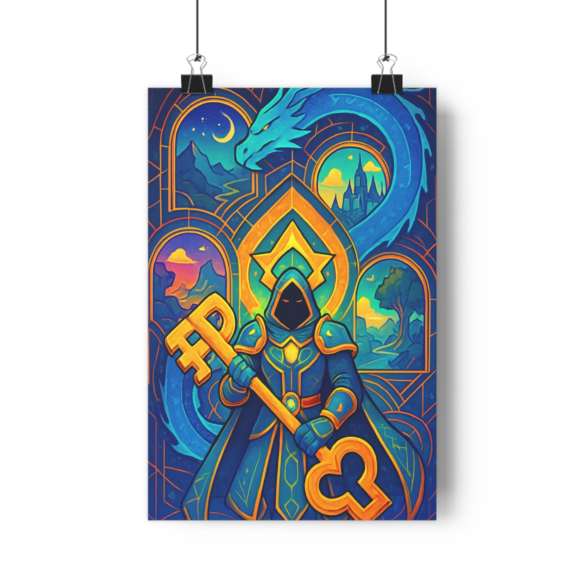 Poster décoratif fantastique épique mystique bleu doré salon bureau art dragon magique 30x46 qualité