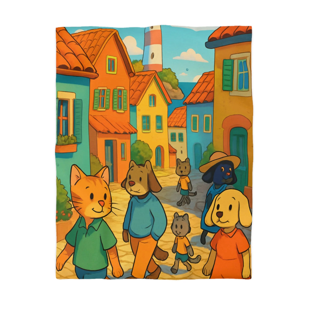 Housse de Couette Colorée avec Animaux Anthropomorphes et Lighthouse sur Rue ensoleillée