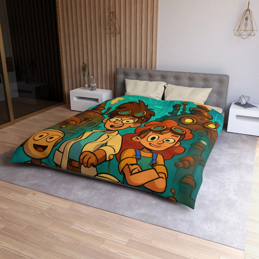 Exploration robotique en atelier steampunk coloré avec jeunes inventeurs et machines futuristes