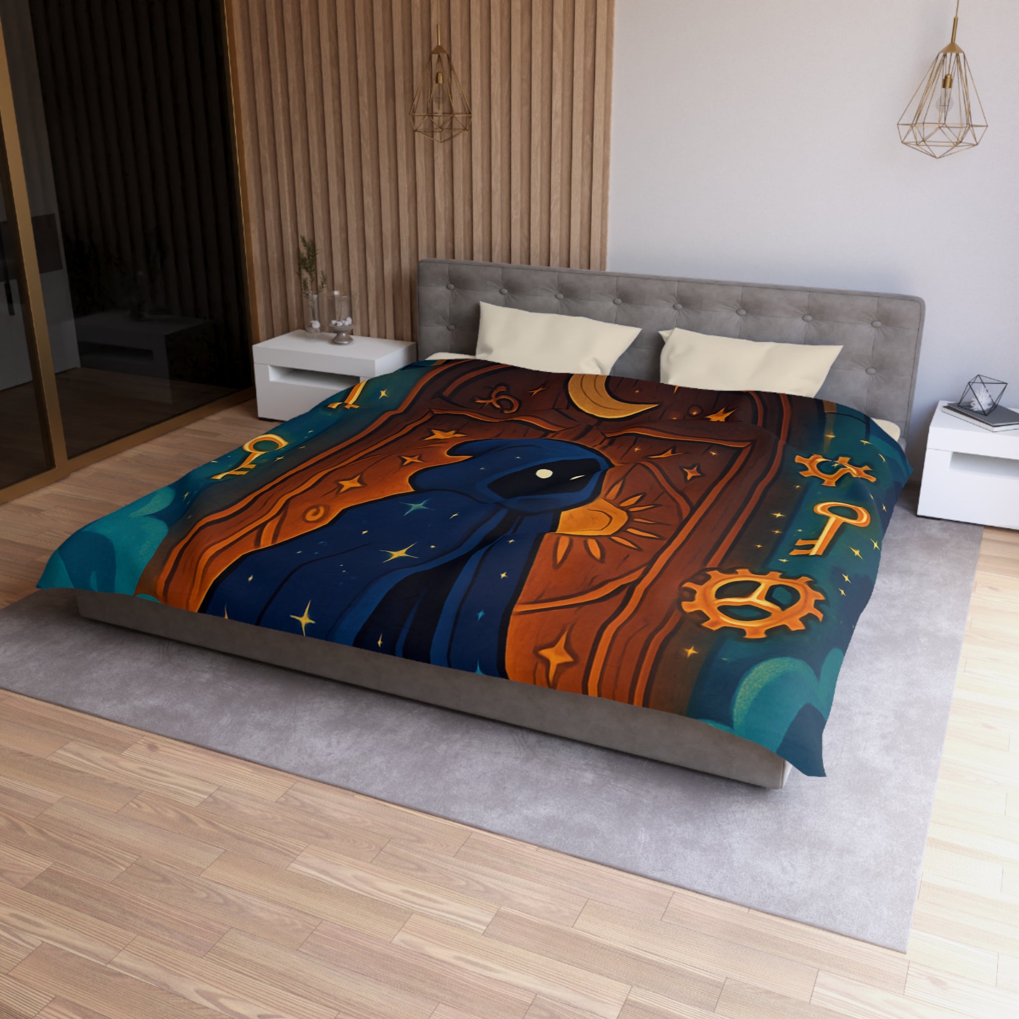 Housse de couette mystique avec capuche étoilée, porte magique et clés dorées