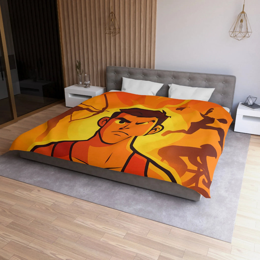 Housse de couette dynamique orange avec motifs sportifs et personnages déterminés en action