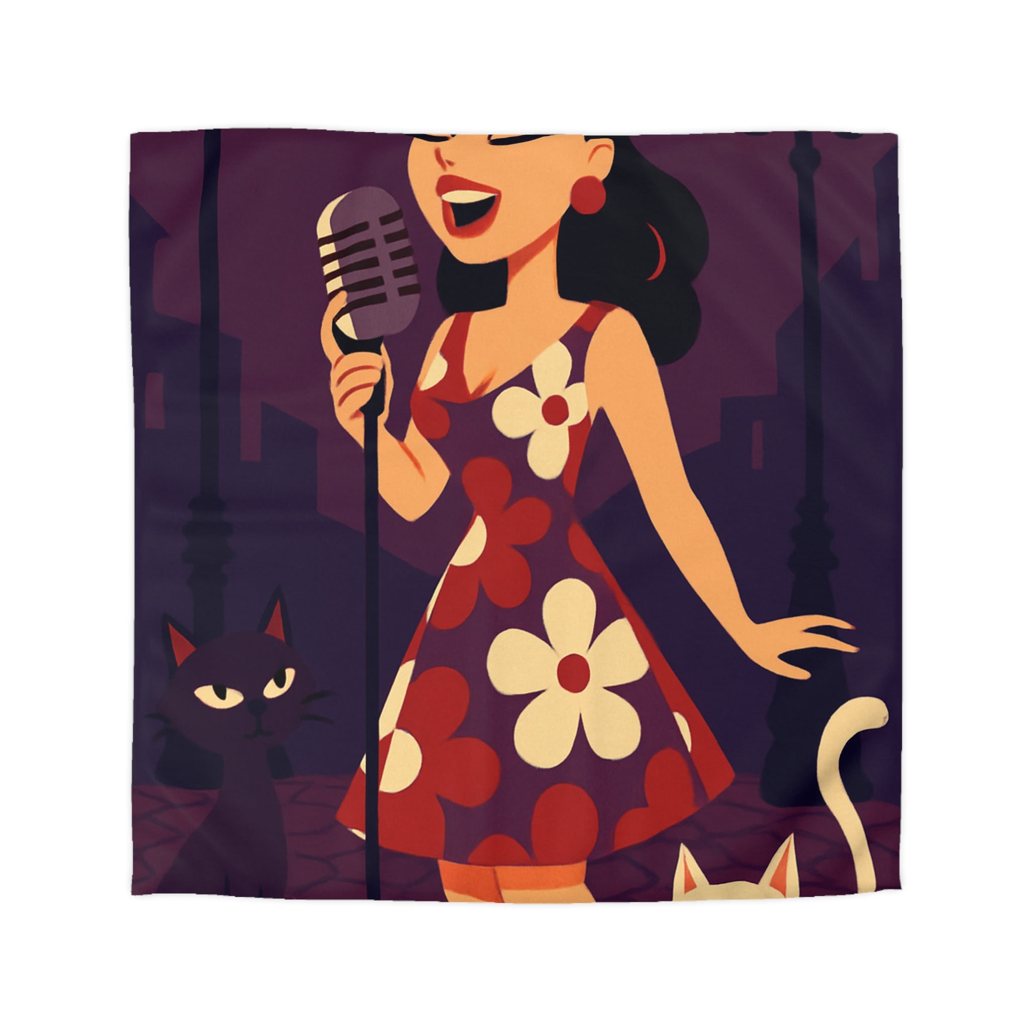 Housse de Couette Vintage avec Chanteuse Rétro et Chats sous Réverbères Nocturnes
