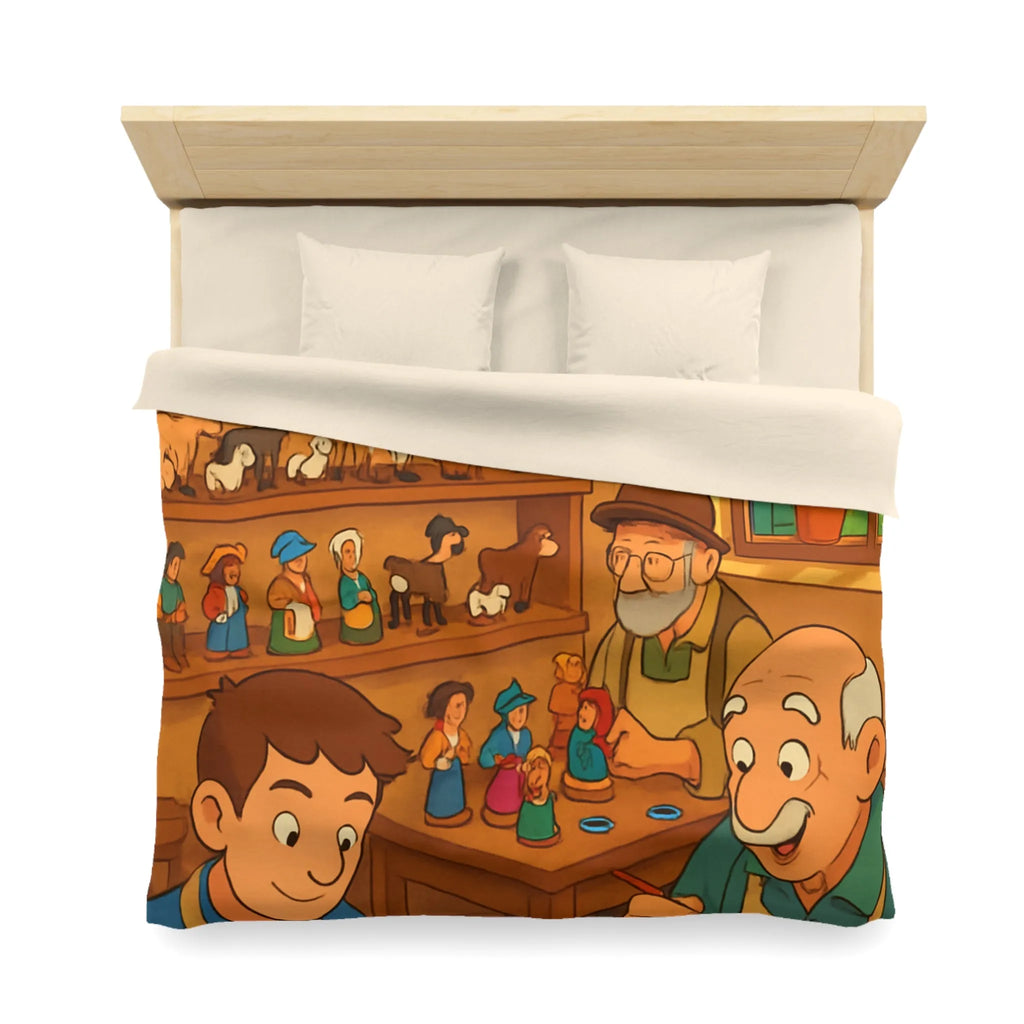 Housse de couette chaleureuse avec scène artisanale, figurines en bois colorées et personnages souriants