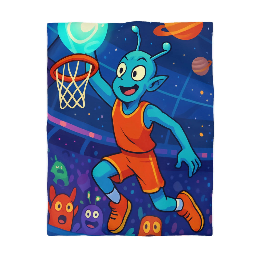 Housse de couette extraterrestre avec joueur de basket sous ciel planétaire coloré et vibrant