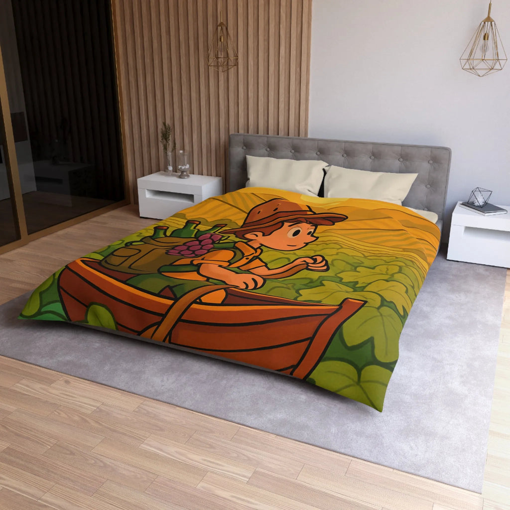 Housse de couette colorée avec paysage de vignoble et enfant en bateau