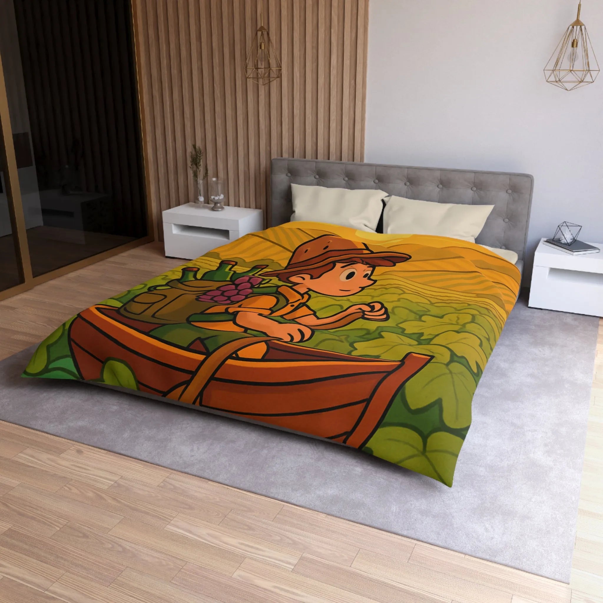 Housse de couette colorée avec paysage de vignoble et enfant en bateau