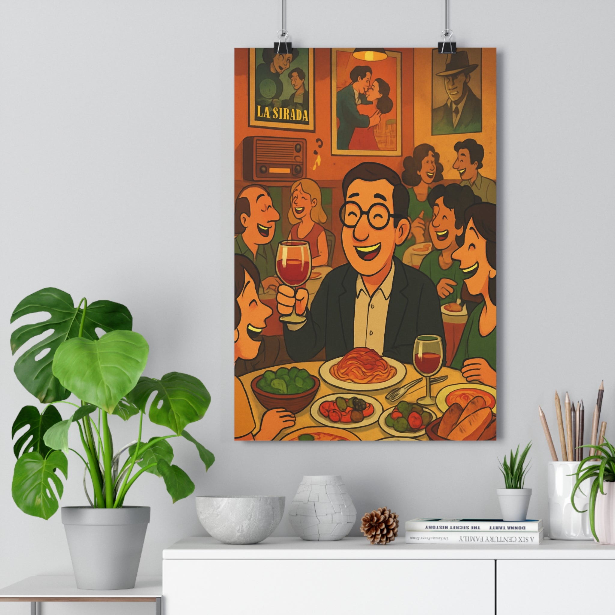 Poster décoratif cartoon vintage orange vert joyeux salon cuisine ambiance conviviale soirée conviviale originale