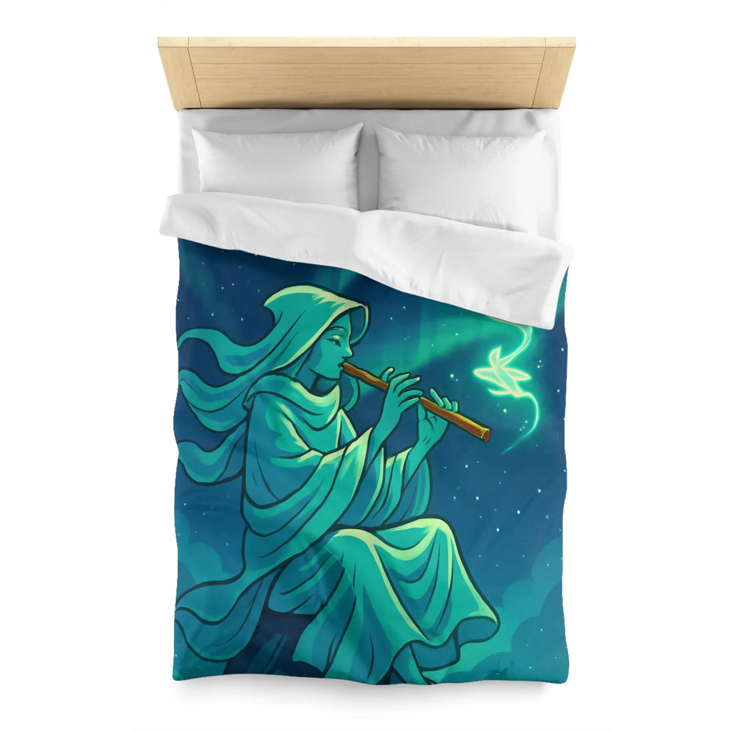 Housse de couette magique avec joueur de flûte créant des formes lumineuses célestes