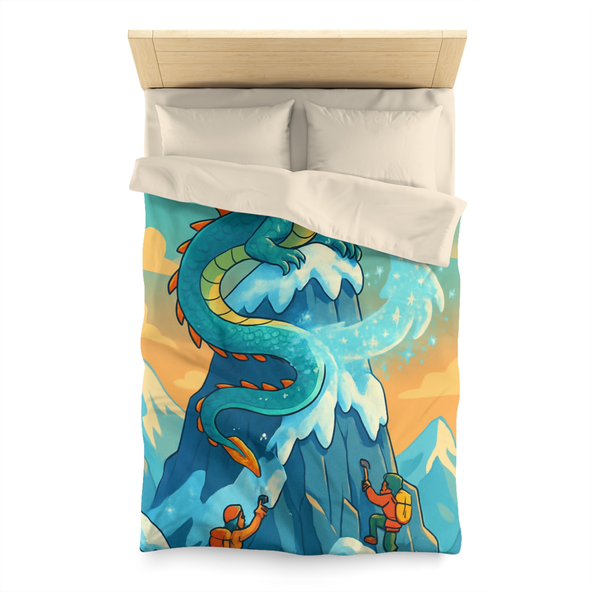 Montagne enneigée gardée par un dragon crachant de la glace, aventure épique illustrée