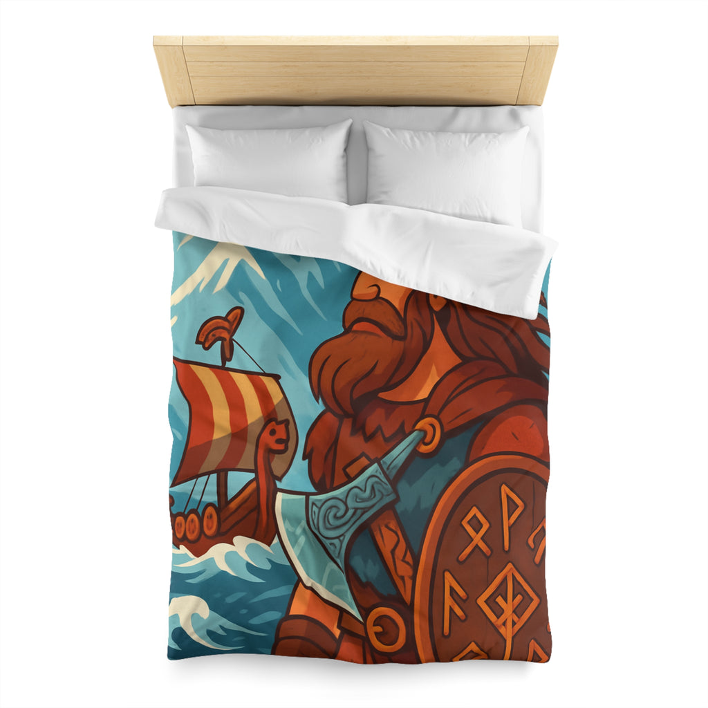 Housse de couette viking avec guerrier, montagne, navire, mer, motifs runiques