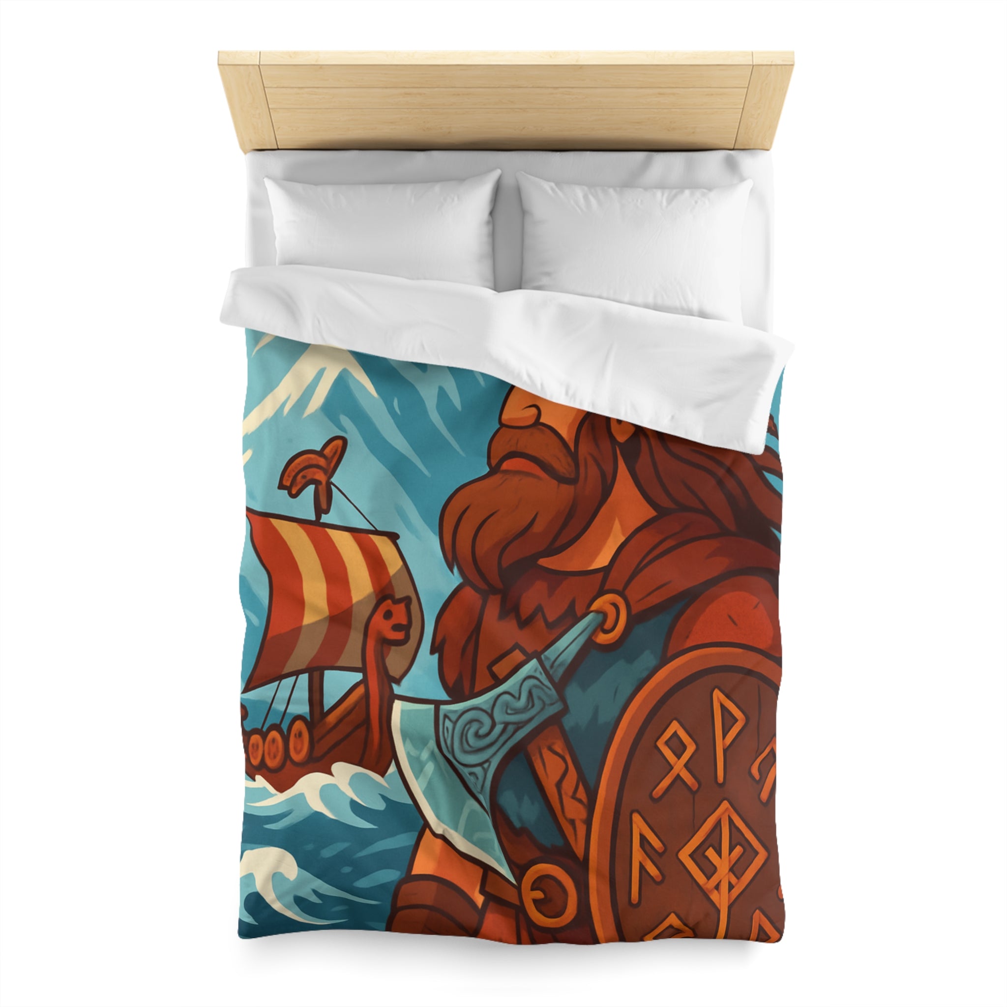 Housse de couette viking avec guerrier, montagne, navire, mer, motifs runiques