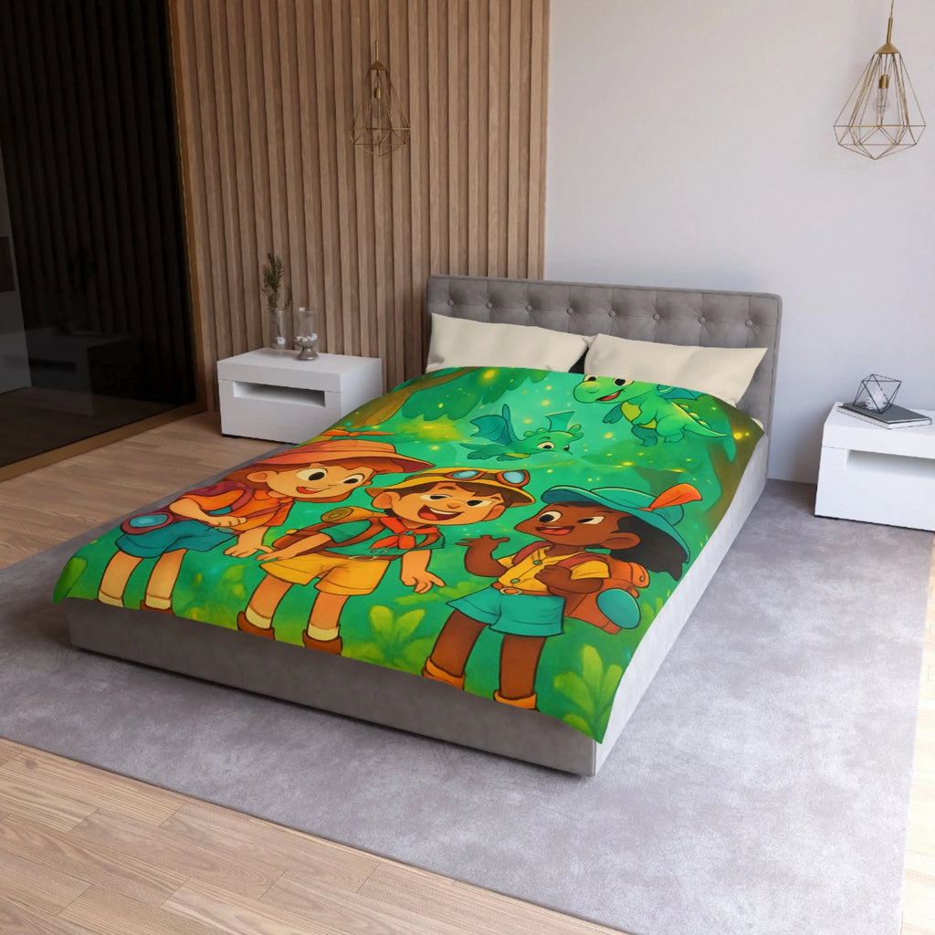 Housse de couette enfants aventure forêt avec dragons et jeunes explorateurs joyeux