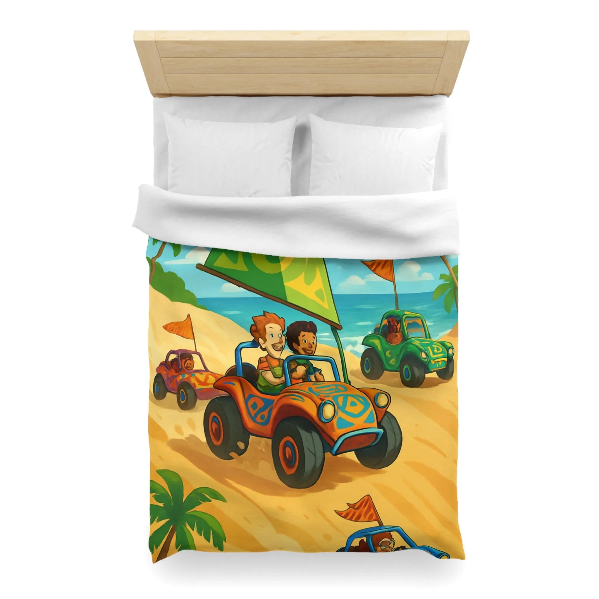 Housse de couette colorée avec motif voitures de plage et palmiers tropicaux