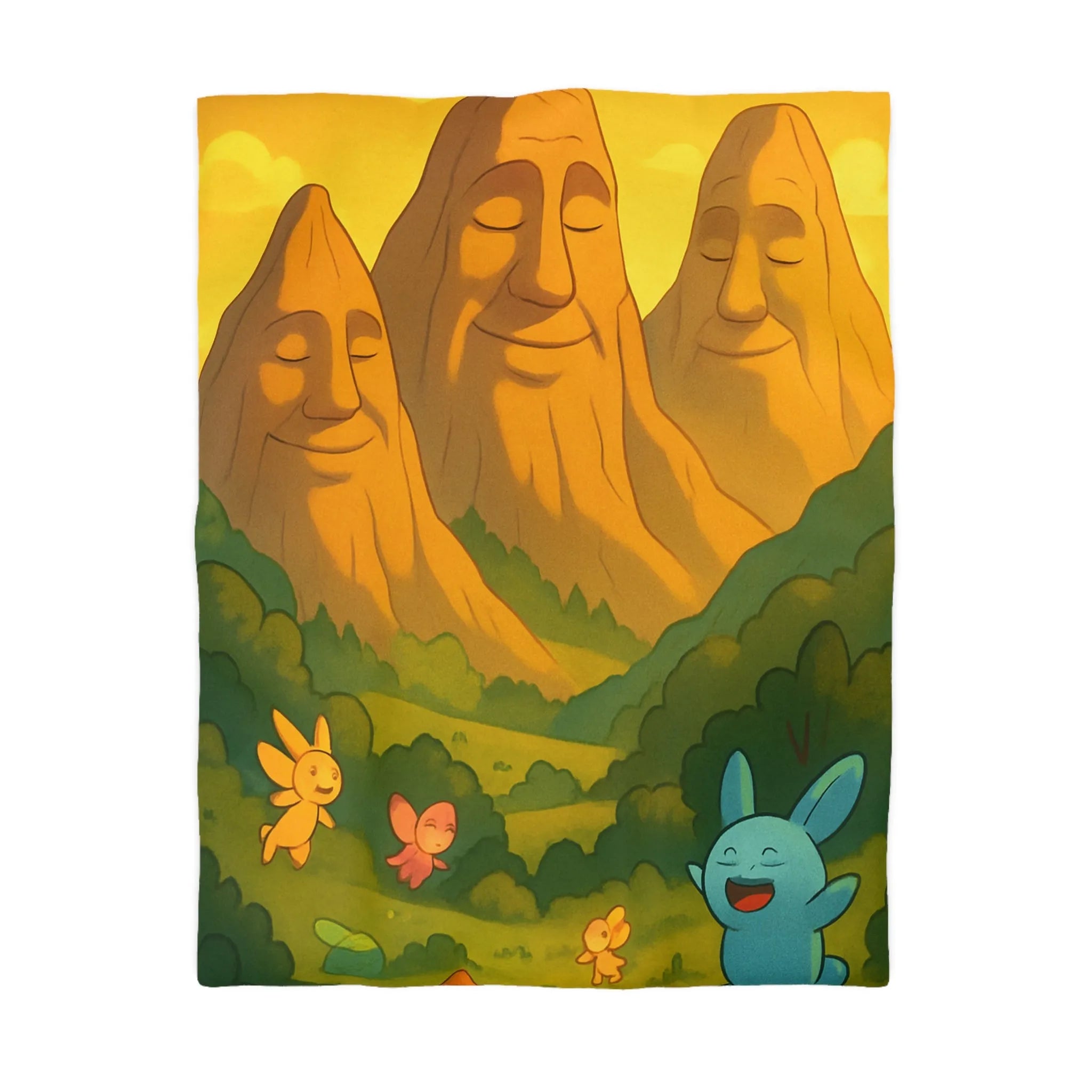 Housse de couette enfantine avec créatures en forêt sous montagnes souriantes au coucher de soleil