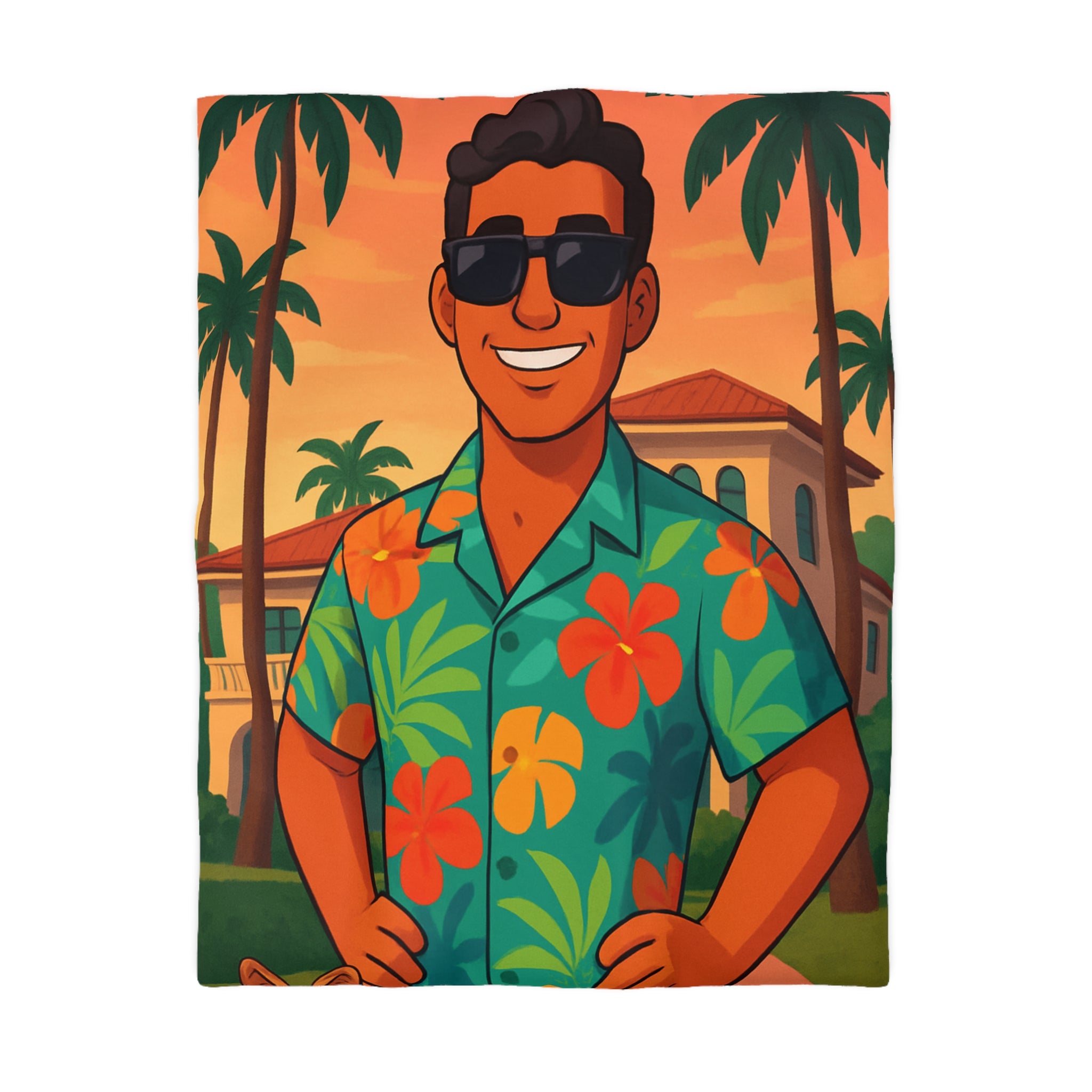 Housse de couette tropicale avec personnage souriant en chemise hawaïenne et palmiers