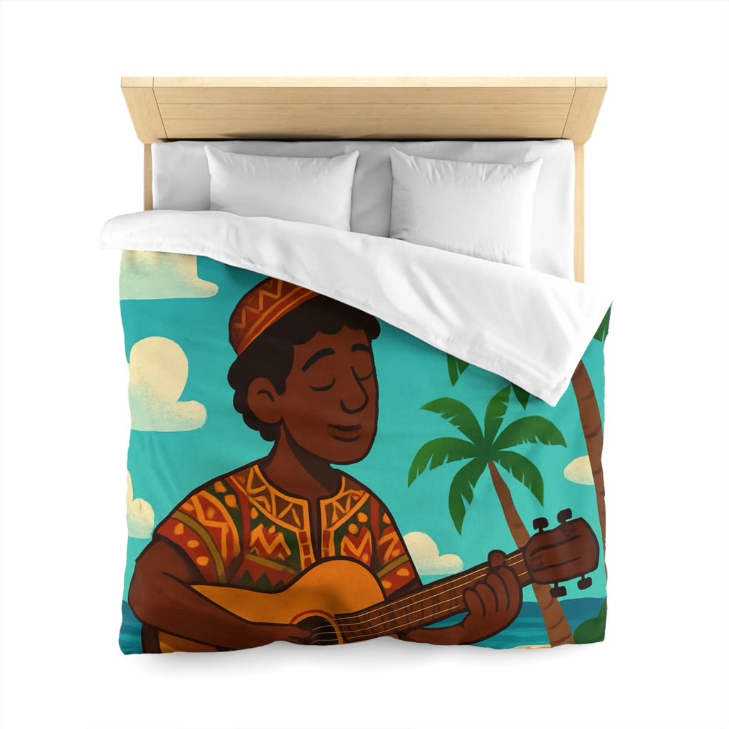 Housse de couette illustrée avec musicien joyeux sous les palmiers en bord de mer