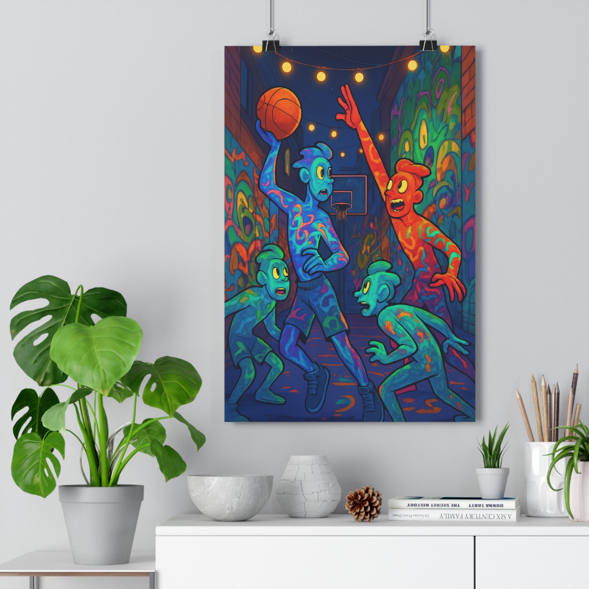 Poster décoratif streetball dynamique bleu rouge street art vibrant ambiance nocturne sport mur chambre