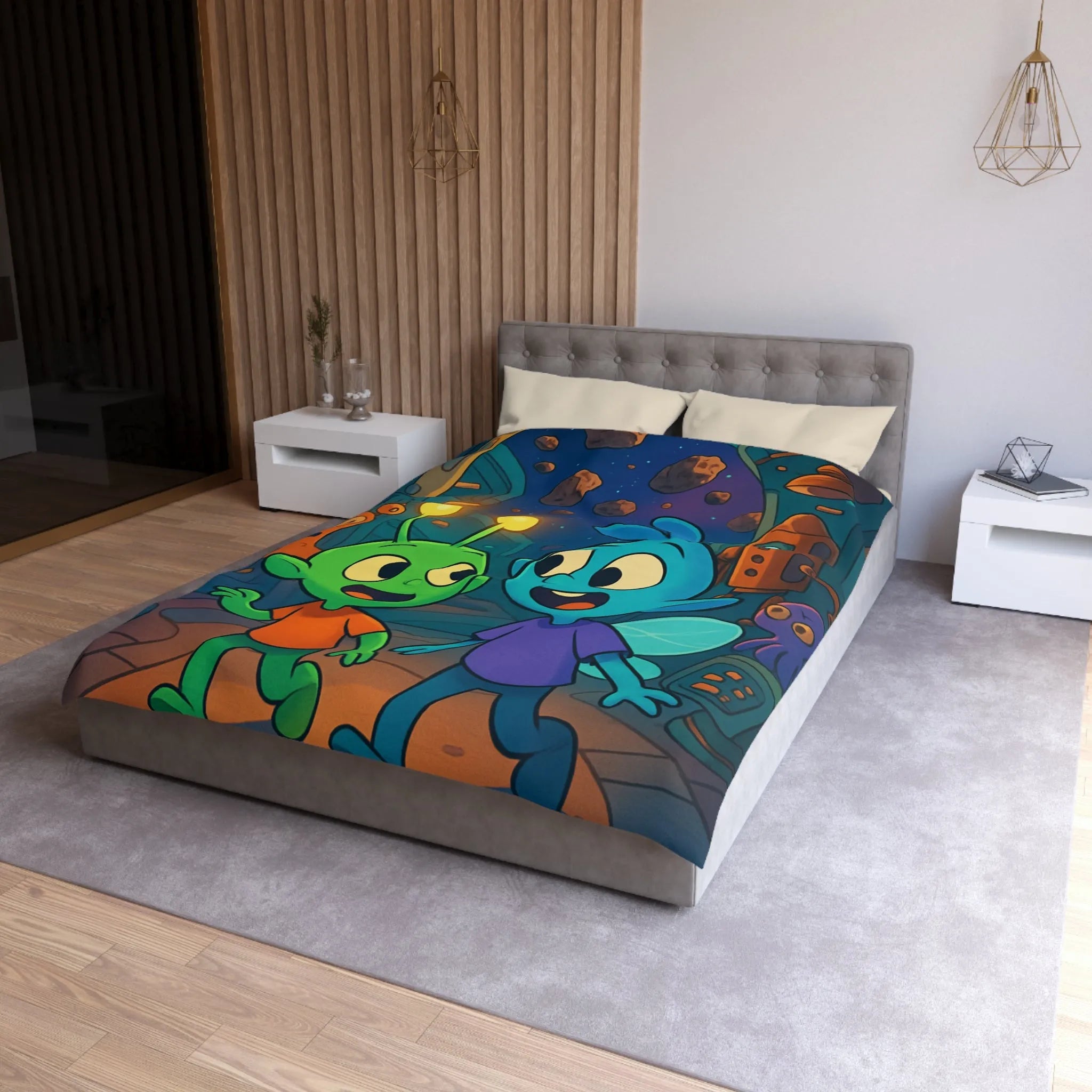 Housse de couette enfant extraterrestre bleu et vert dans vaisseau spatial coloré amusant