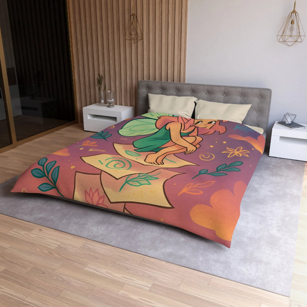 Housse de couette féerique avec fée aux ailes vertes et motifs floraux enchanteurs