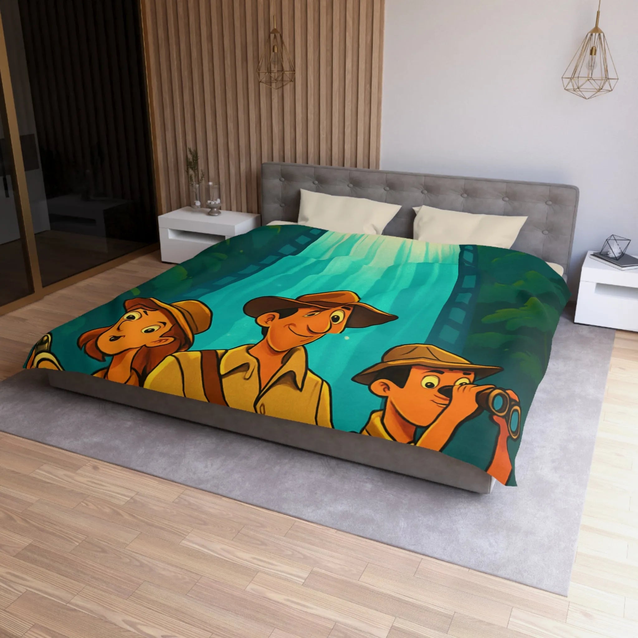 Housse de Couette Aventure Jungle Cascade Éclatante Exploration Famille Style Dessin Dessiné