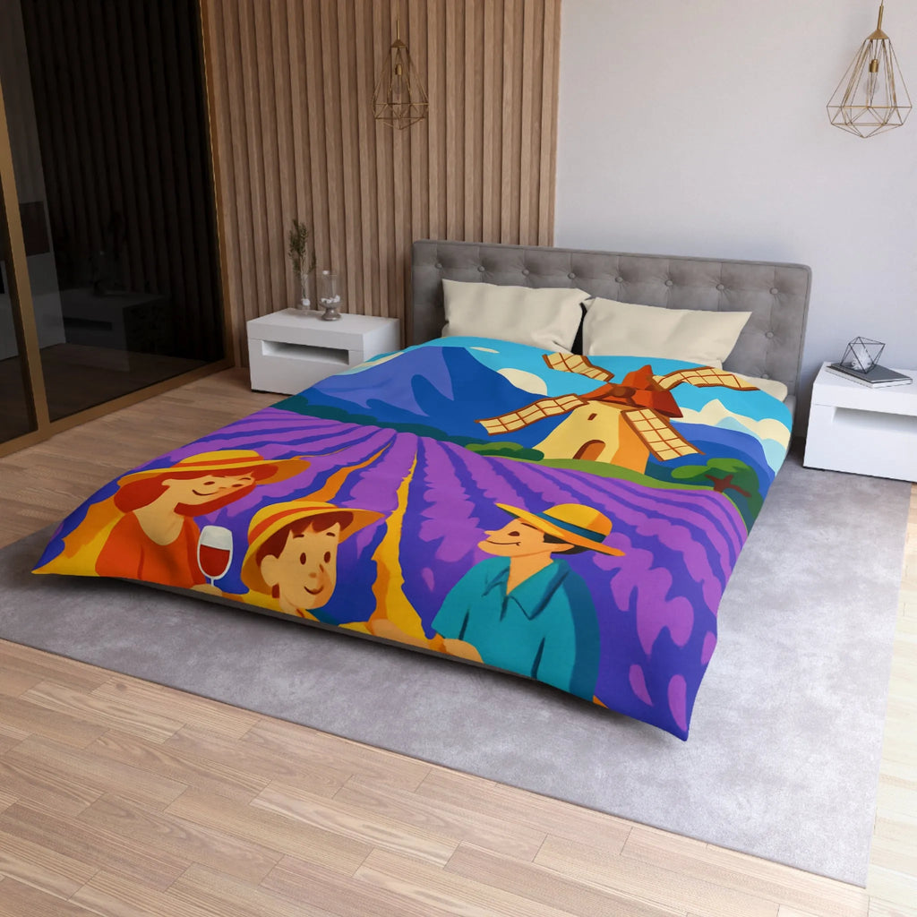 Housse de Couette Illustrée Scène de Pique-Nique en Provence avec Moulin à Vent