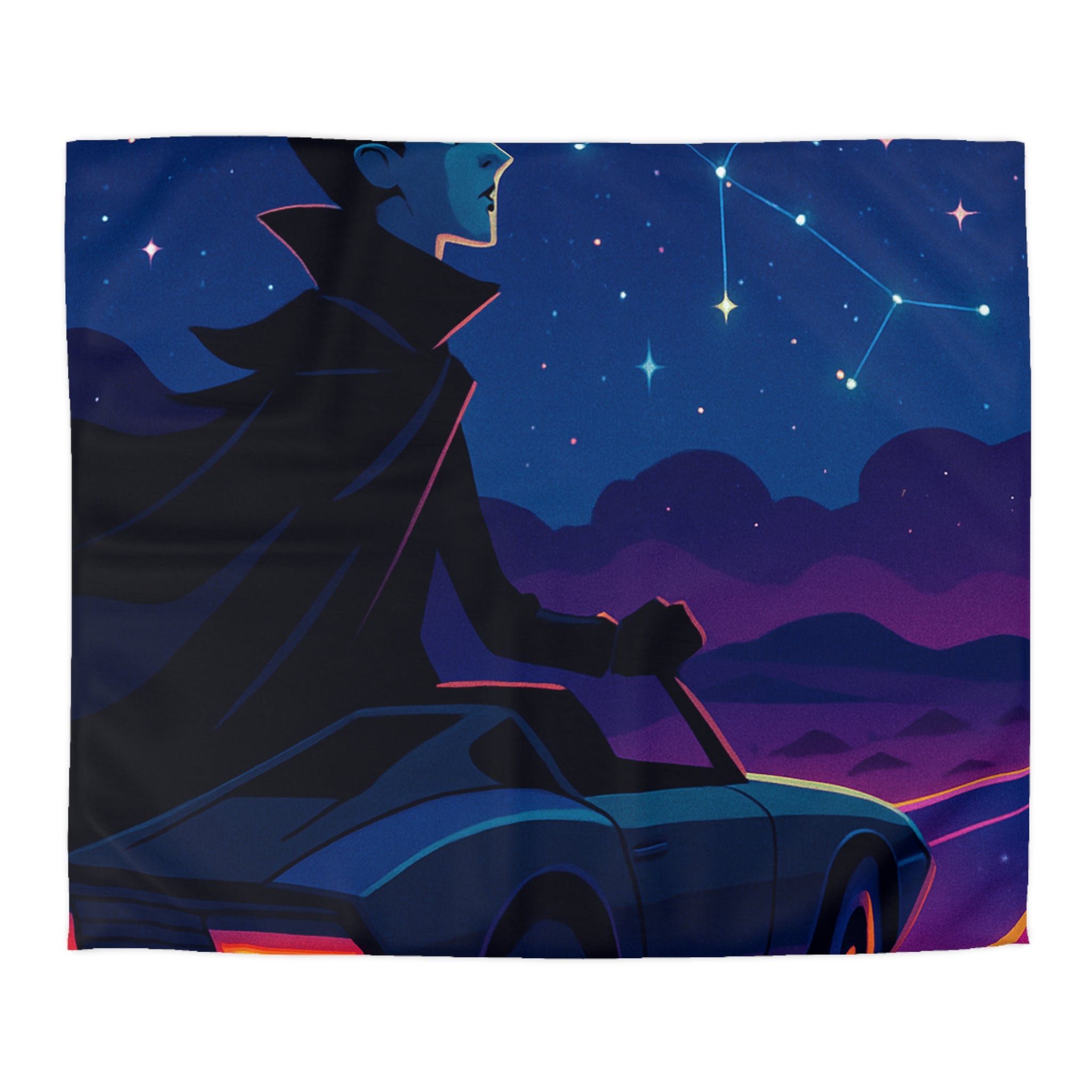 Housse de couette rétro avec constellations et voiture sous ciel étoilé et planète