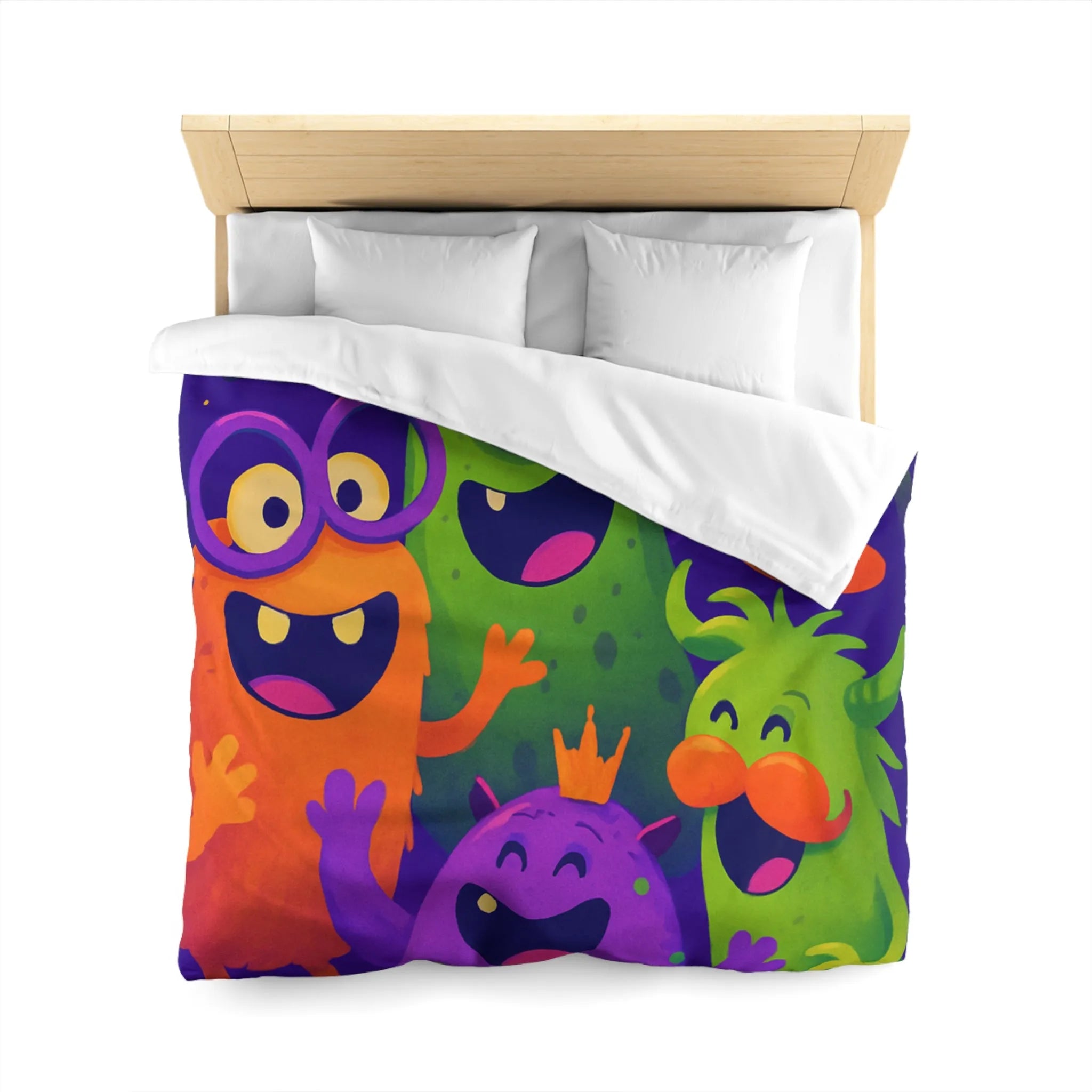 Housse de couette festive avec monstres colorés, ambiance joyeuse pour chambre d'enfant