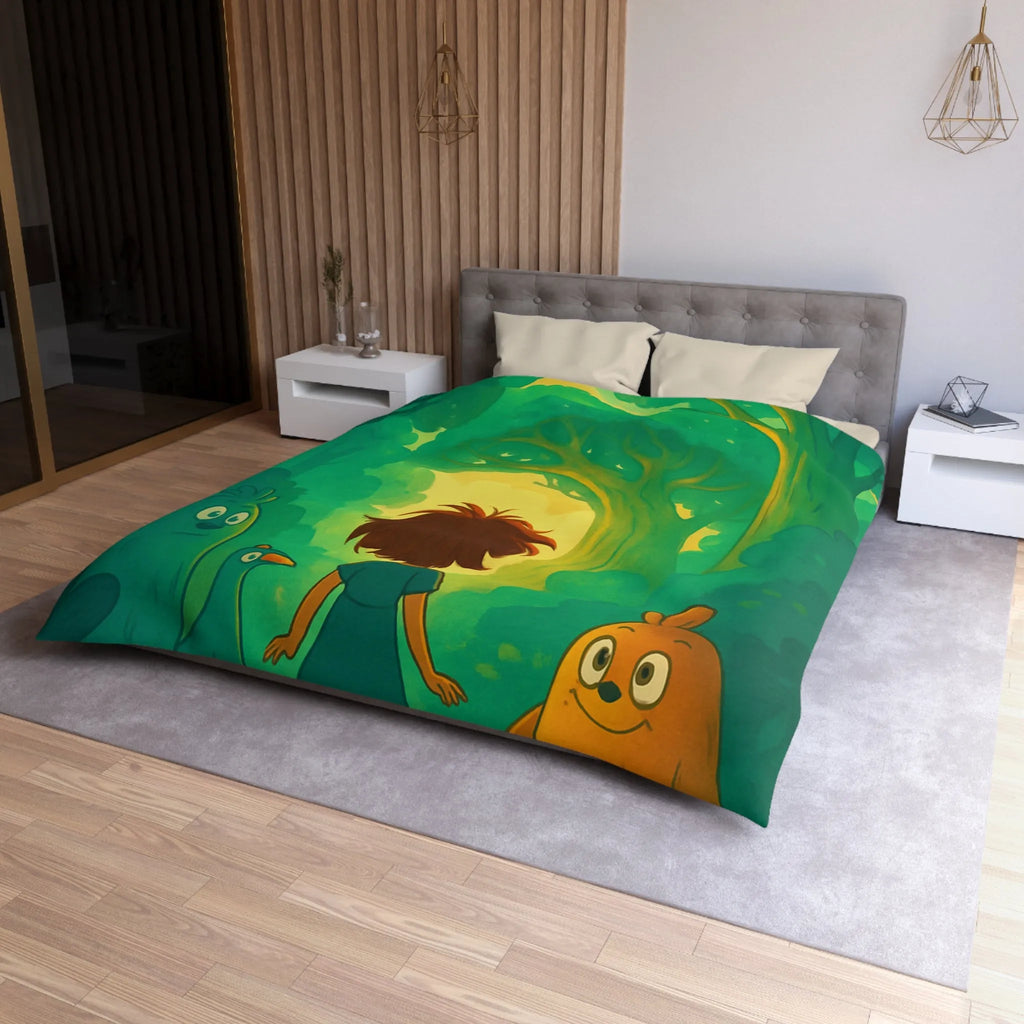 Housse de couette forêts enchantées avec animaux et personnage central, ambiance magique