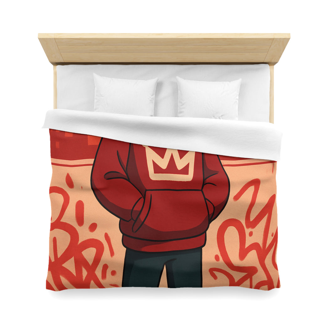 Housse de couette urbaine rouge avec motif couronne et graffiti artistique moderne