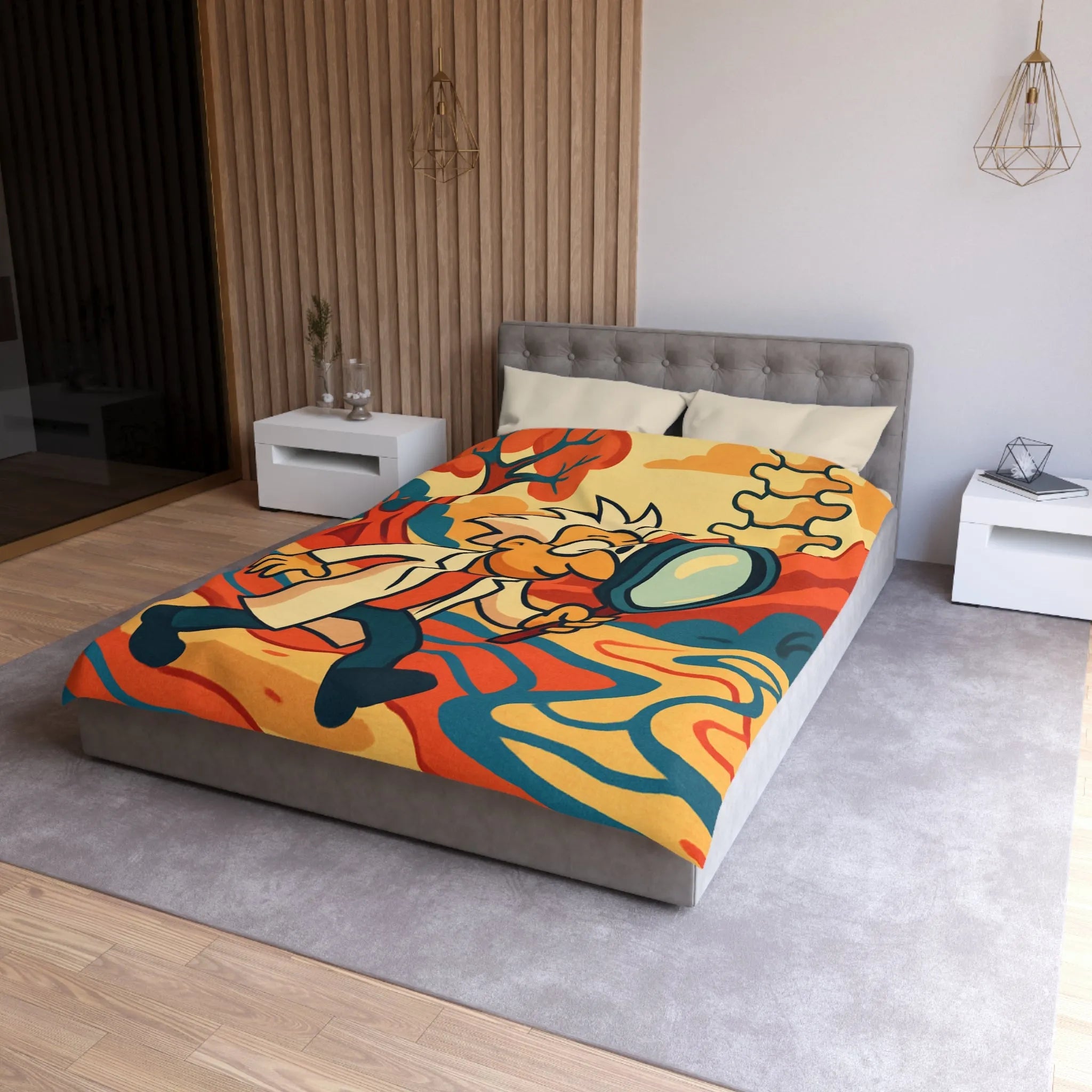 Housse de couette ludique avec personnage scientifique explorant un paysage naturel coloré