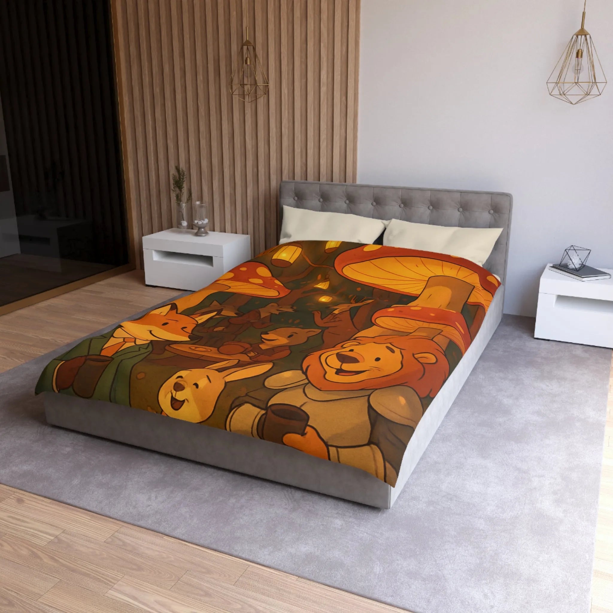 Housse de couette enchantée avec animaux sous champignons géants dans une forêt magique