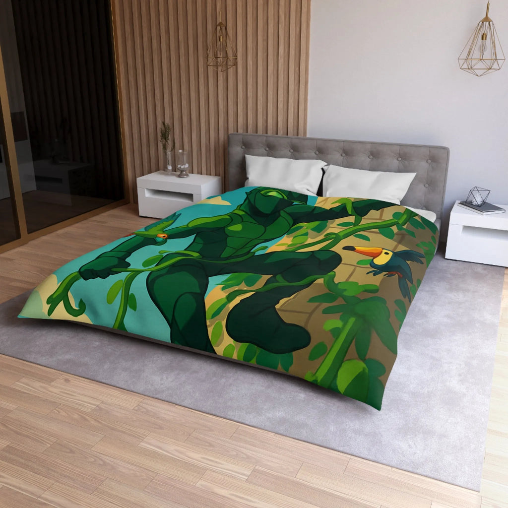 Housse de couette jungle animée avec héros vert grimpant et oiseaux colorés