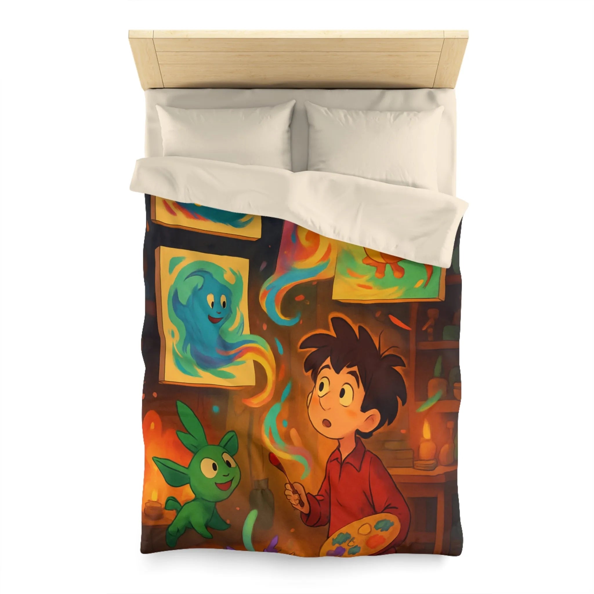 Housse de couette magique illustrant un artiste jeunesse avec créatures fantastiques et peintures lumineuses
