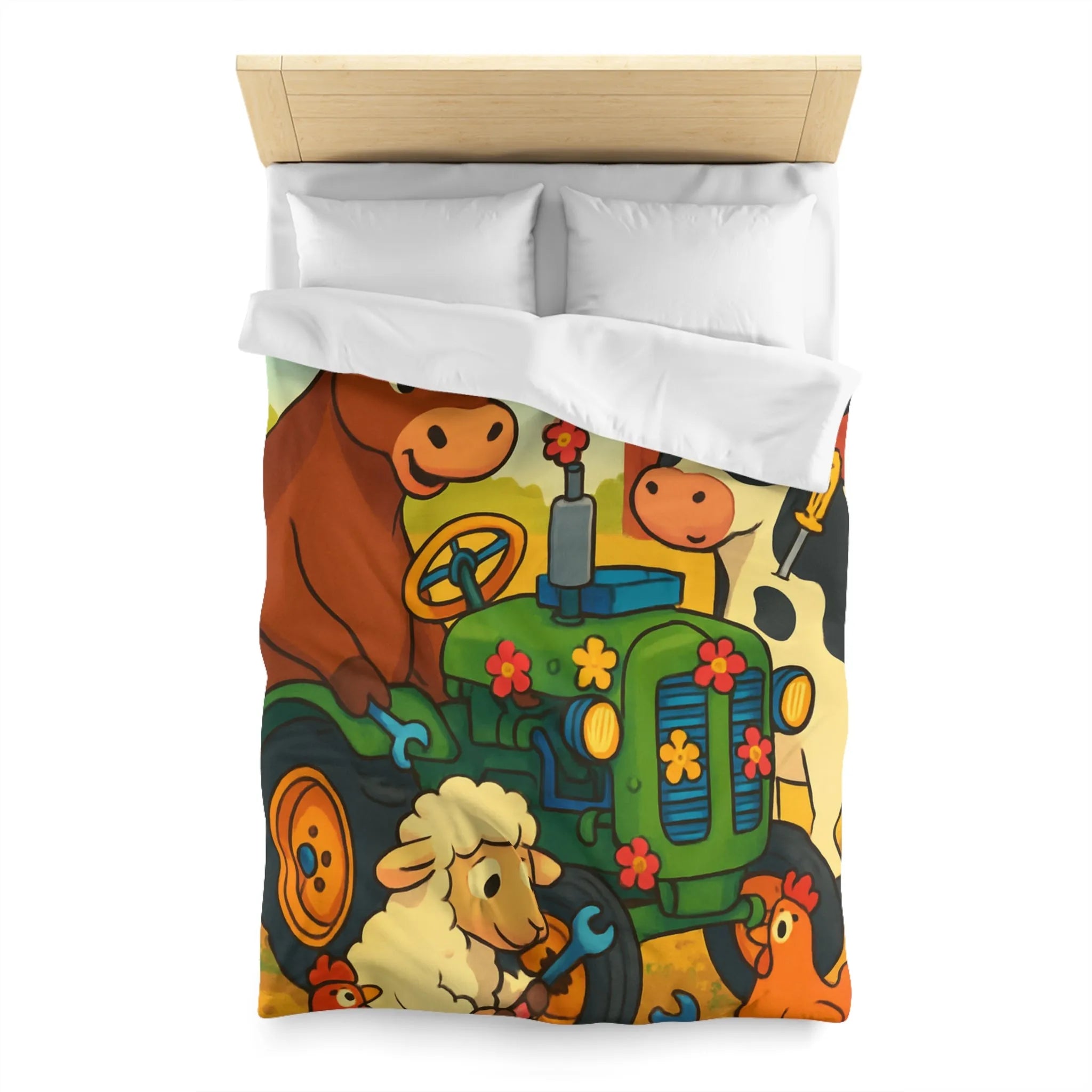 Housse de couette colorée avec animaux amusants à la ferme et tracteur ludique