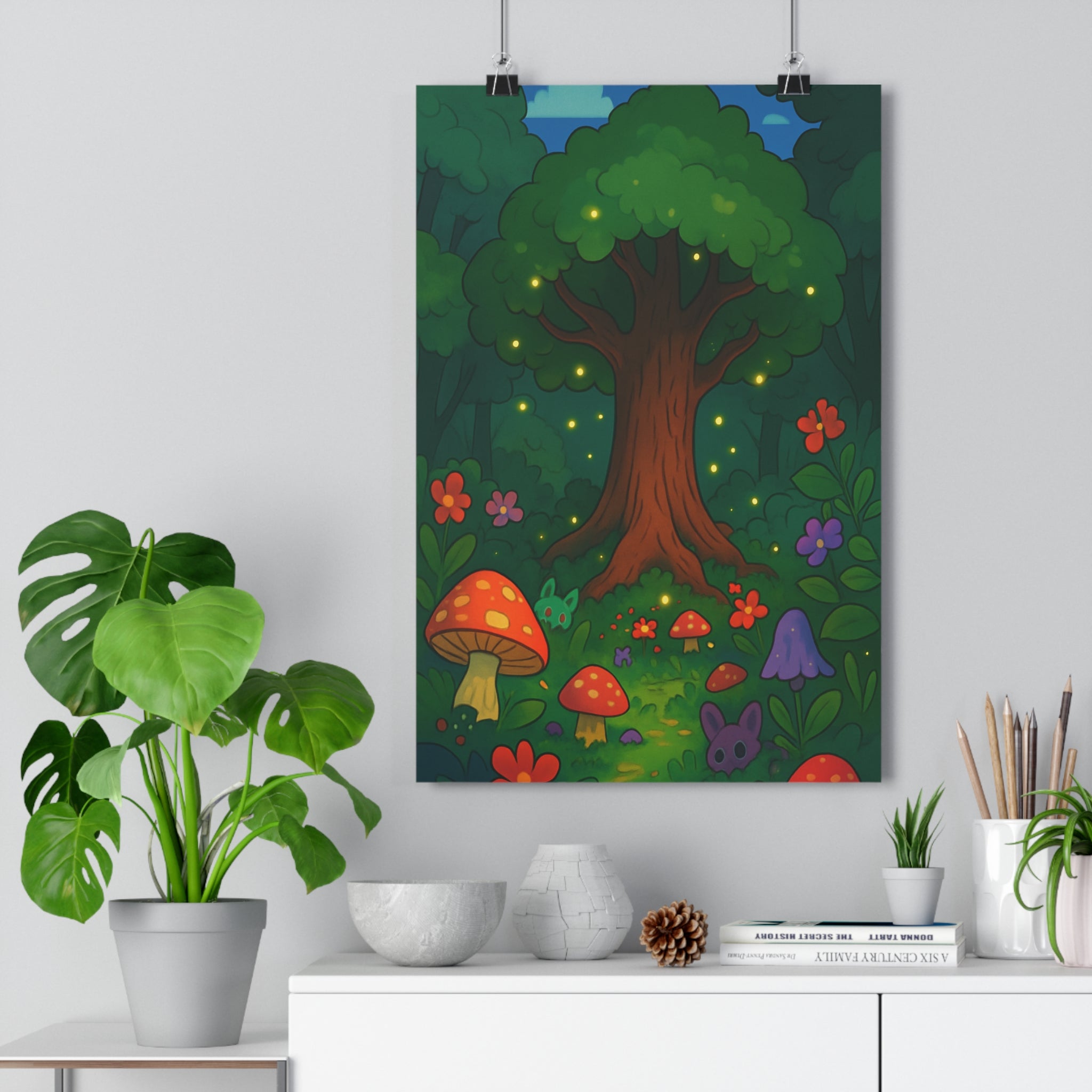 Poster décoratif forêt enchantée cartoon vert rouge mystique chambre enfant magique créature nature arbres