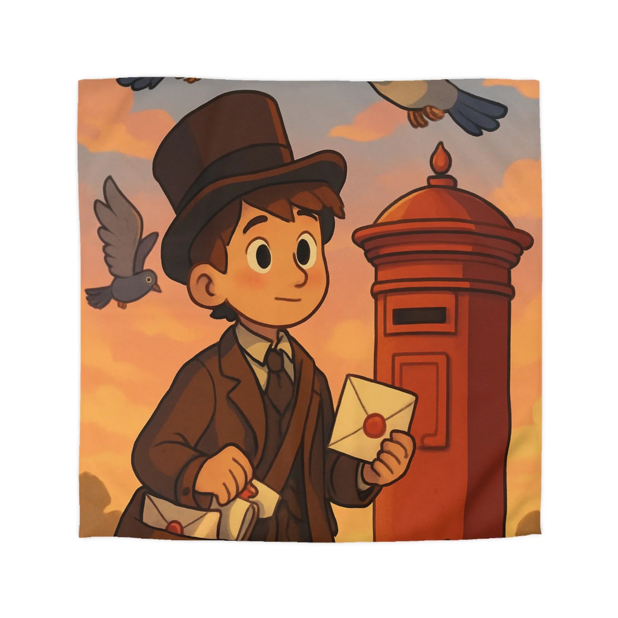 Housse de couette illustrée avec poste vintage et pigeons dans ciel au coucher du soleil