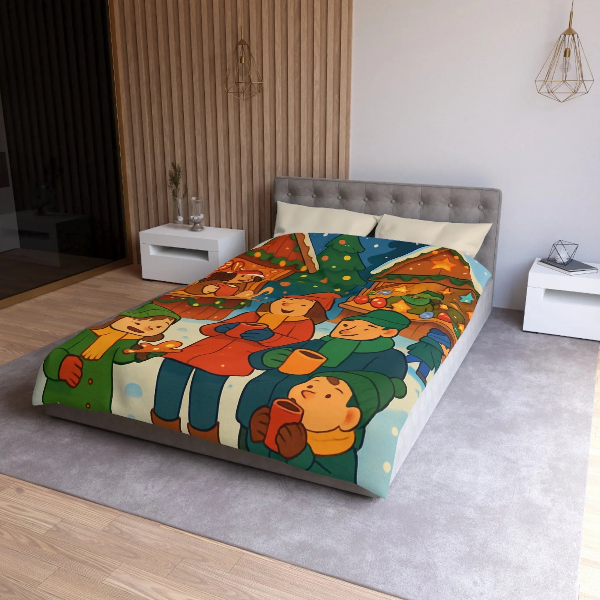 Housse de couette chaleureuse illustrant une scène festive de marché de Noël joyeux