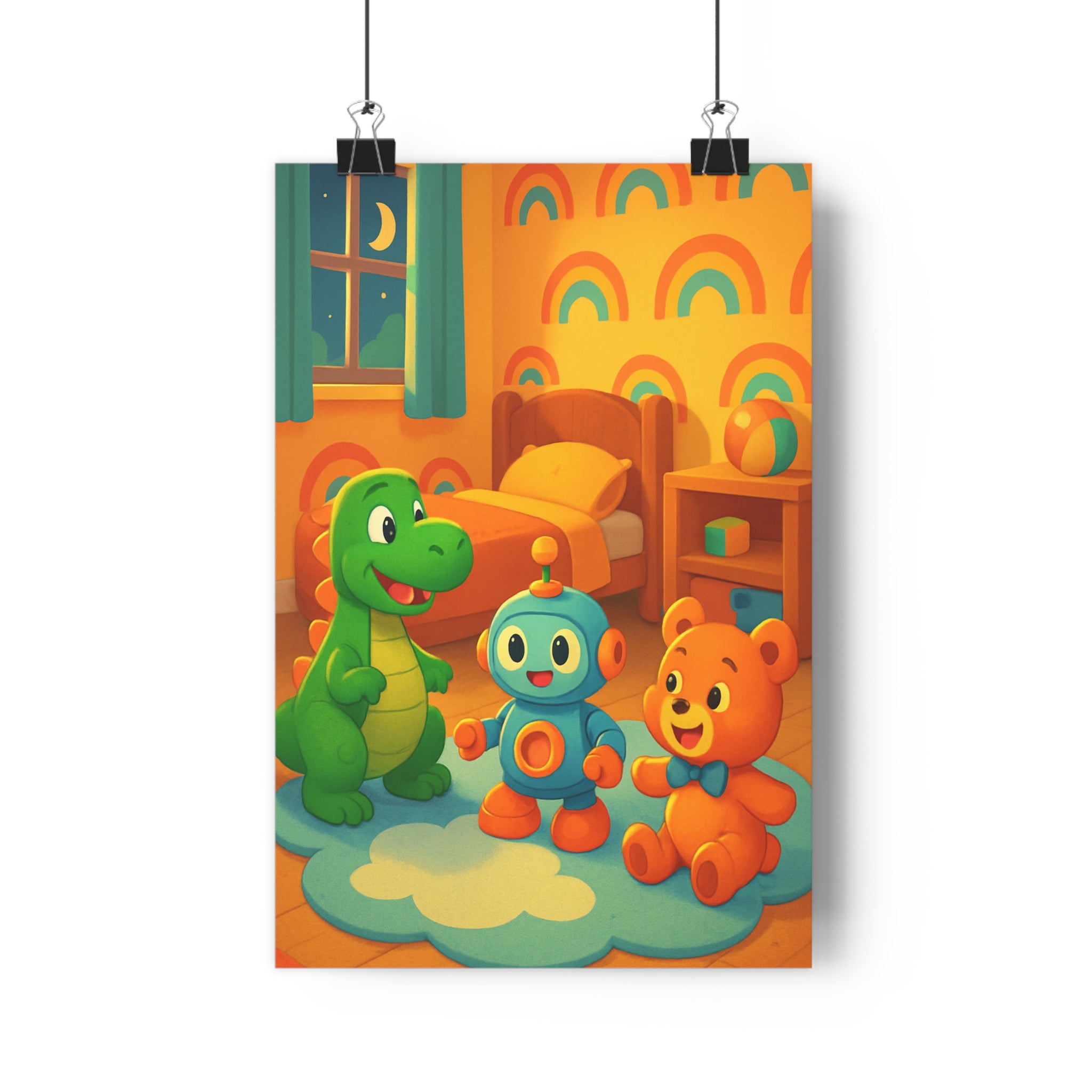Poster décoratif coloré dessin animé dinosaure vert robot bleu enfant chambre joyeuse arcenciel qualité