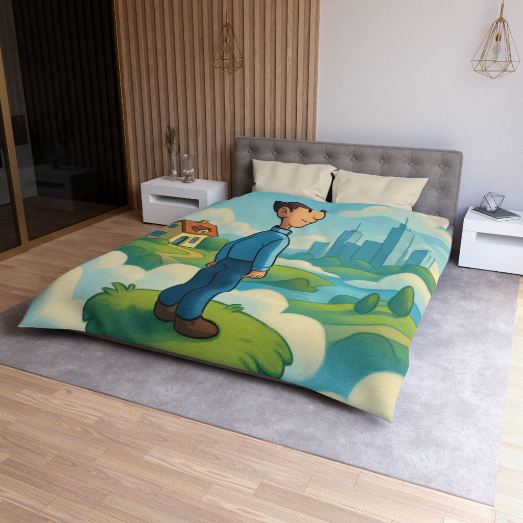 Illustration de rêve serein de paysage flottant avec personnage et ville éloignée