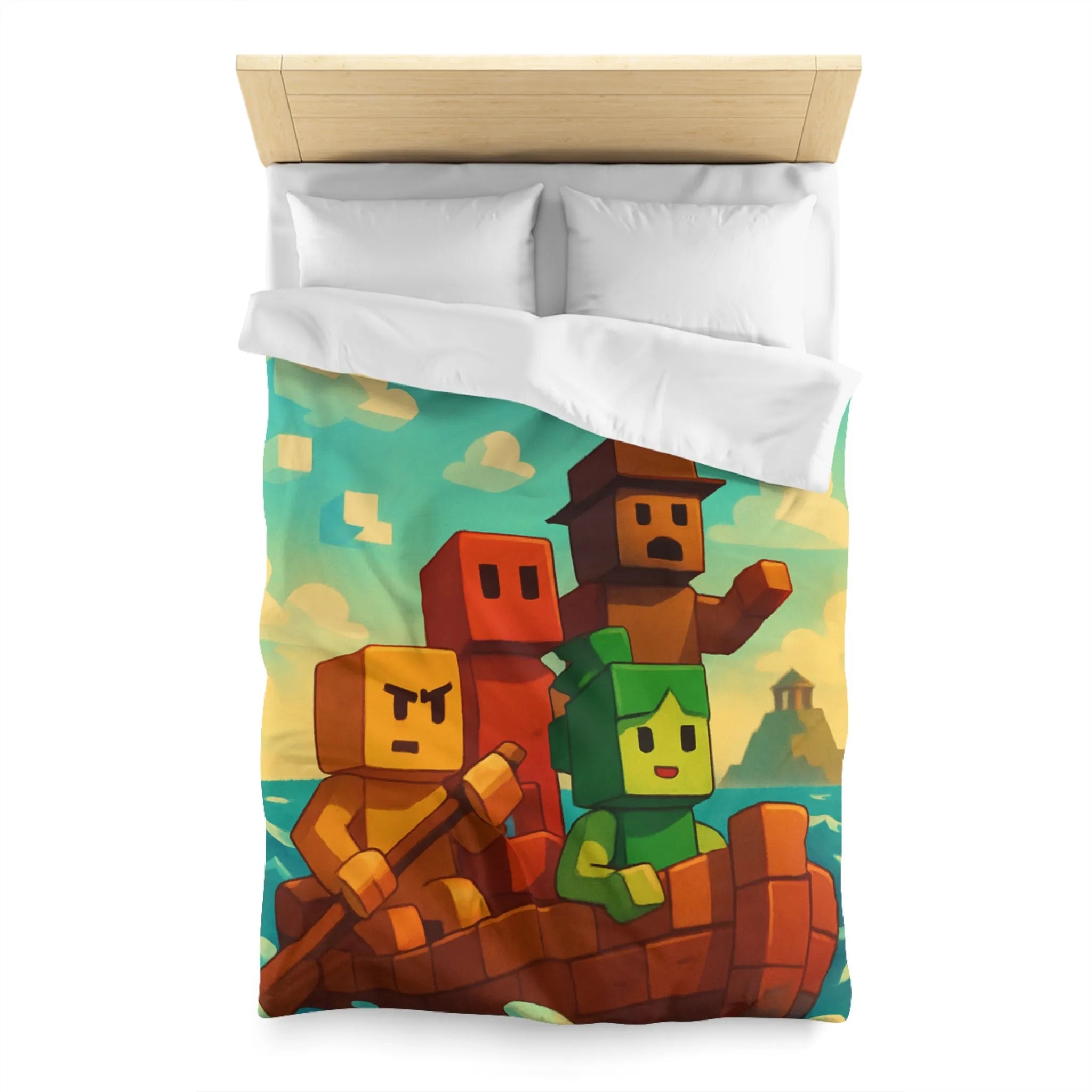 Housse de couette colorée avec personnages pixelisés sur un bateau en mer agité