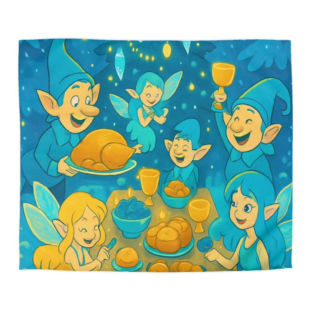 Housse de couette festive de lutins célébrant autour d'un sapin de Noël lumineux