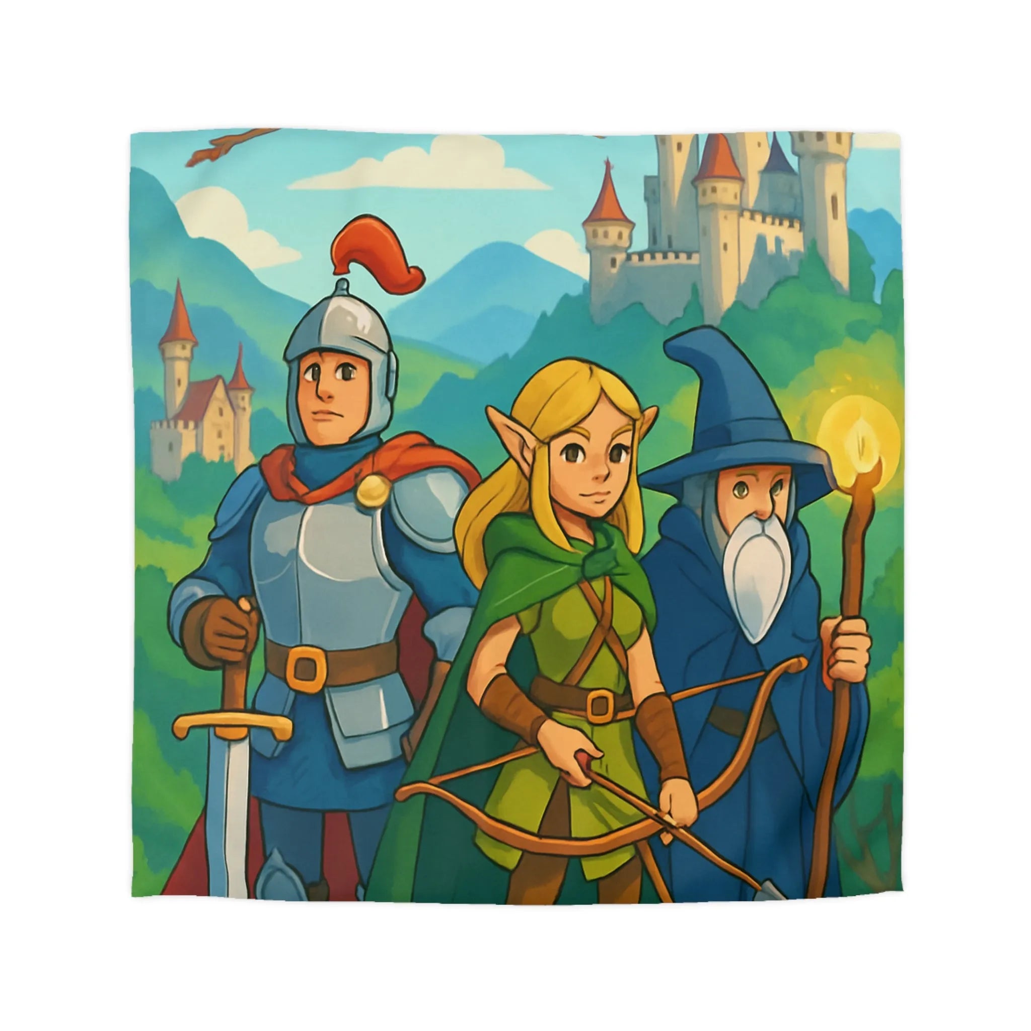 Housse de Couette Fantasy avec Chevalier, Archer Elf, Magicien, Château et Dragons