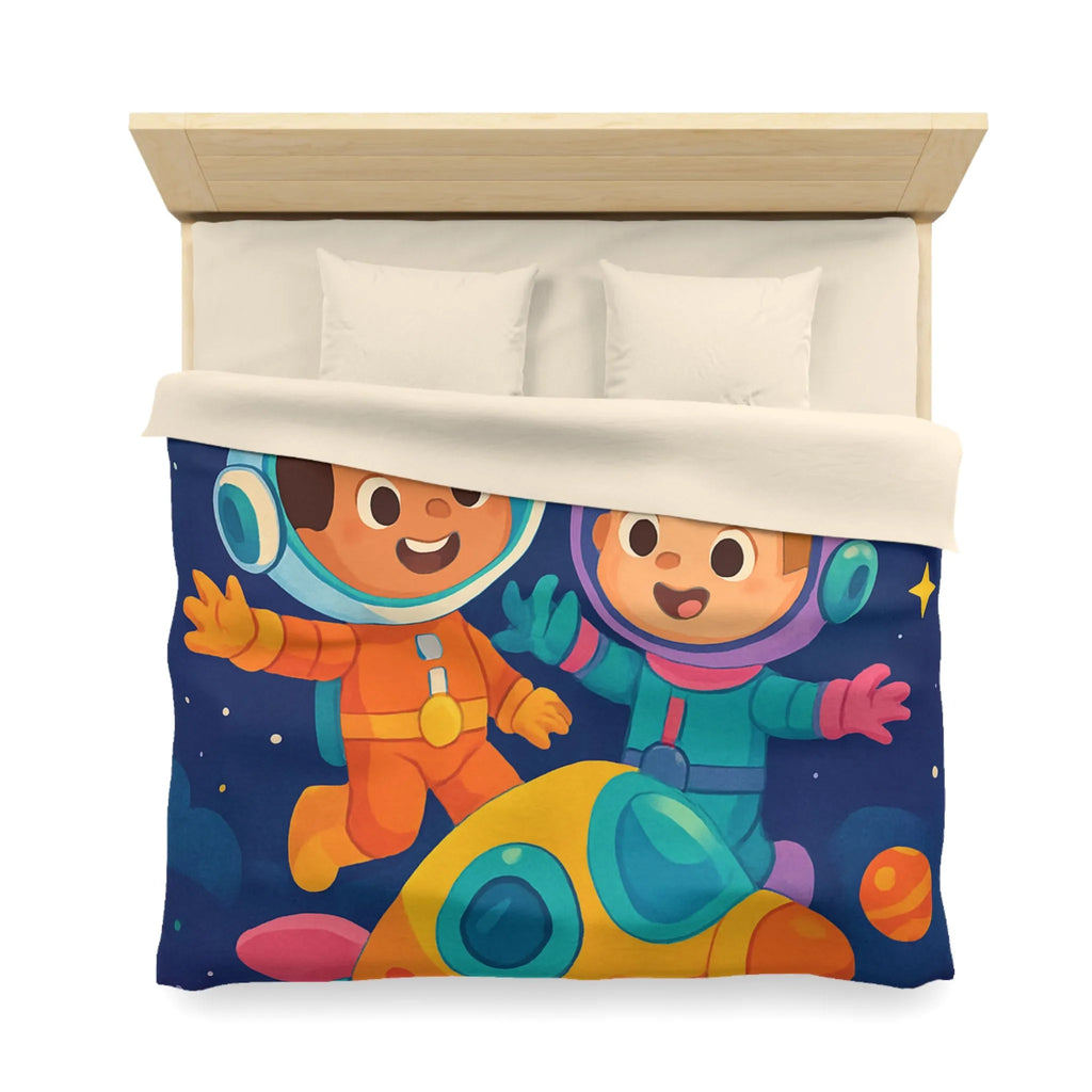 Couette Enfantine Cosmos : Enfants en Vaisseau Spatial avec Planètes et Étoiles Colorées