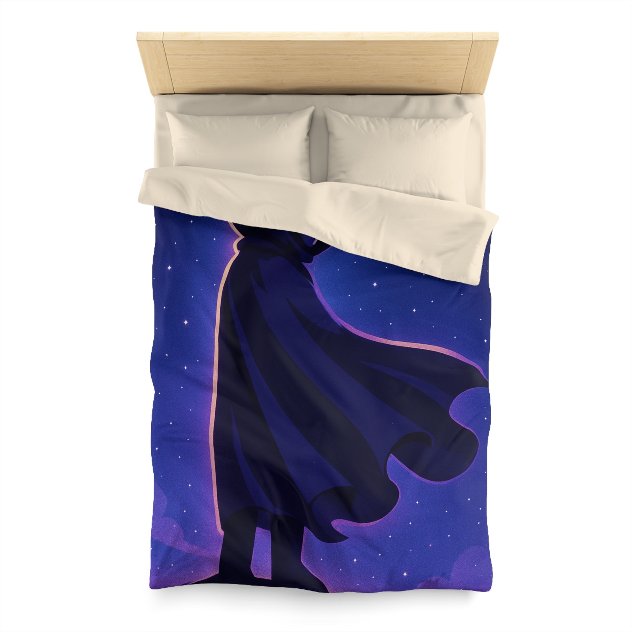Housse de couette mystérieuse avec silhouette en cape sous un ciel étoilé magique