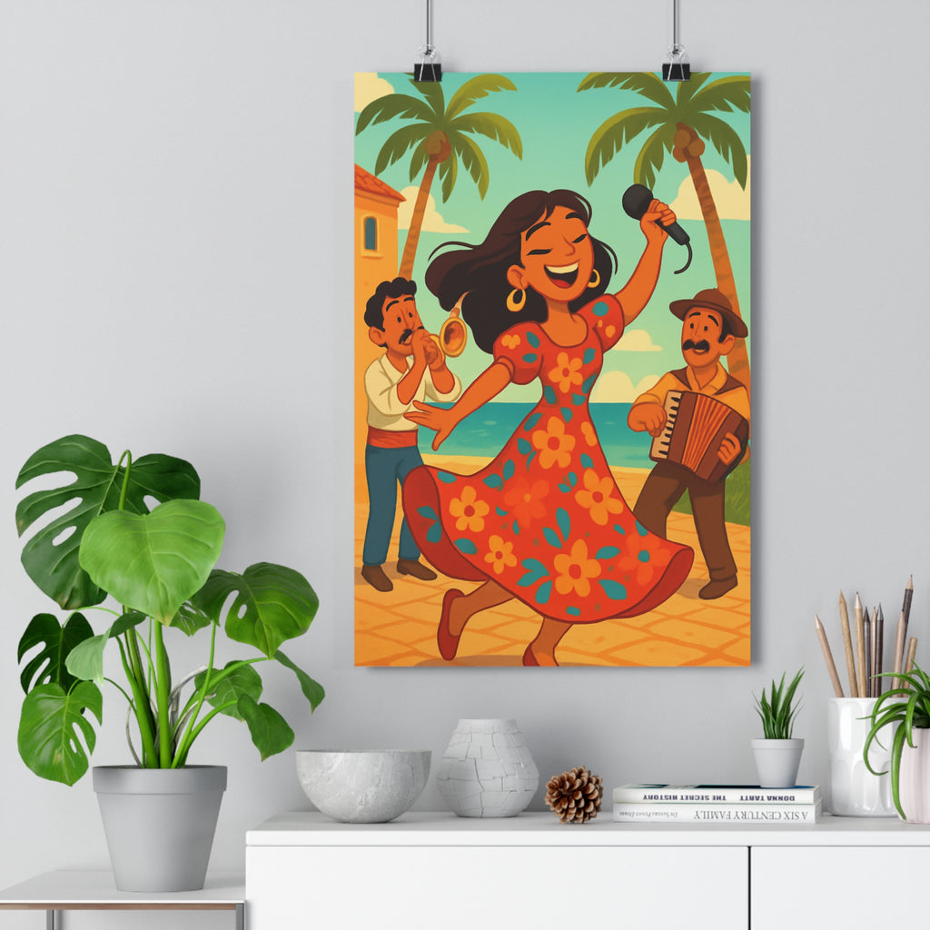 Poster décoratif joyeux musique méditerranéenne danse femme cartoon rouge jaune turquoise salon chambre qualité