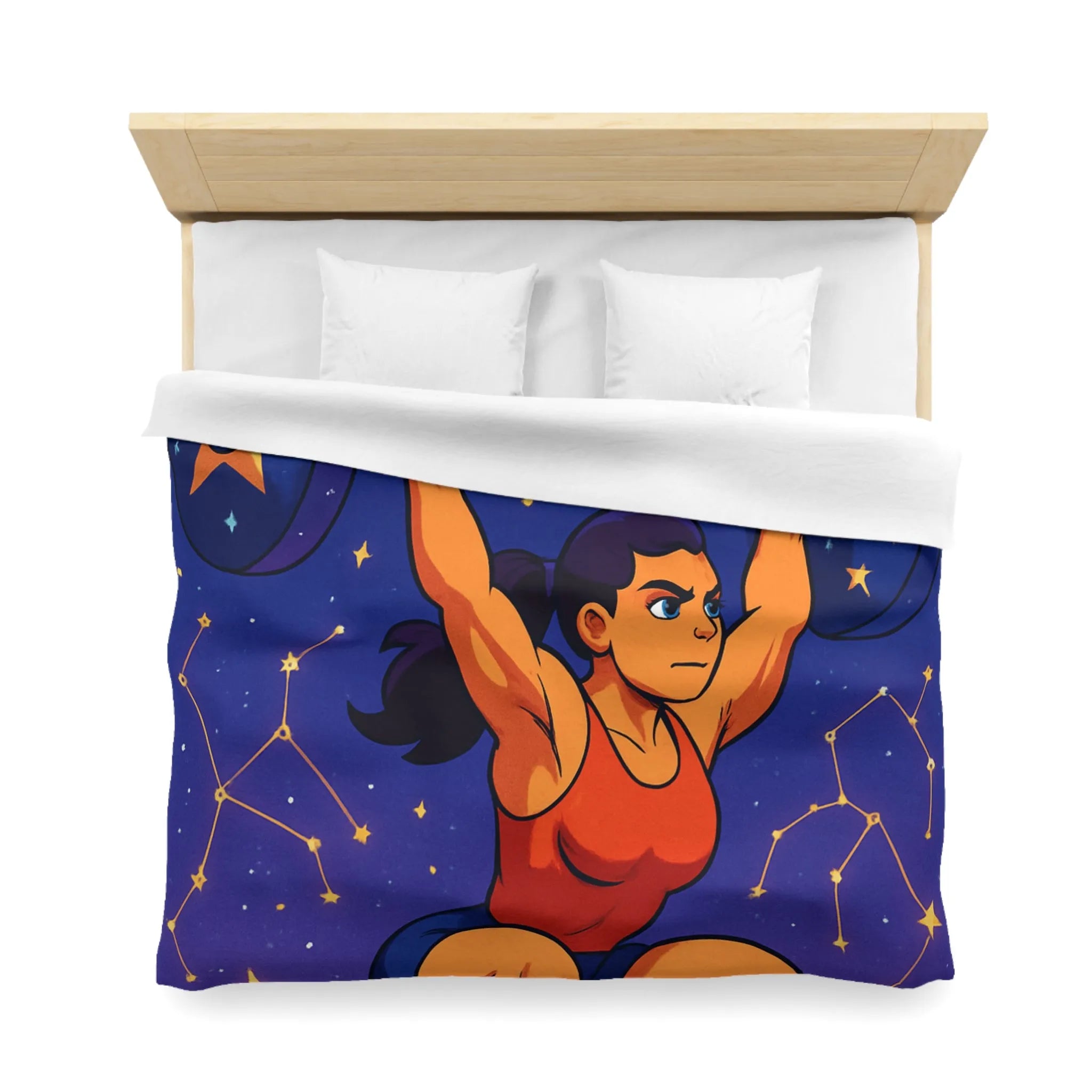 Housse de Couette Athlétique Femme Soulevant Poids Sous Ciel Étoilé et Constellations