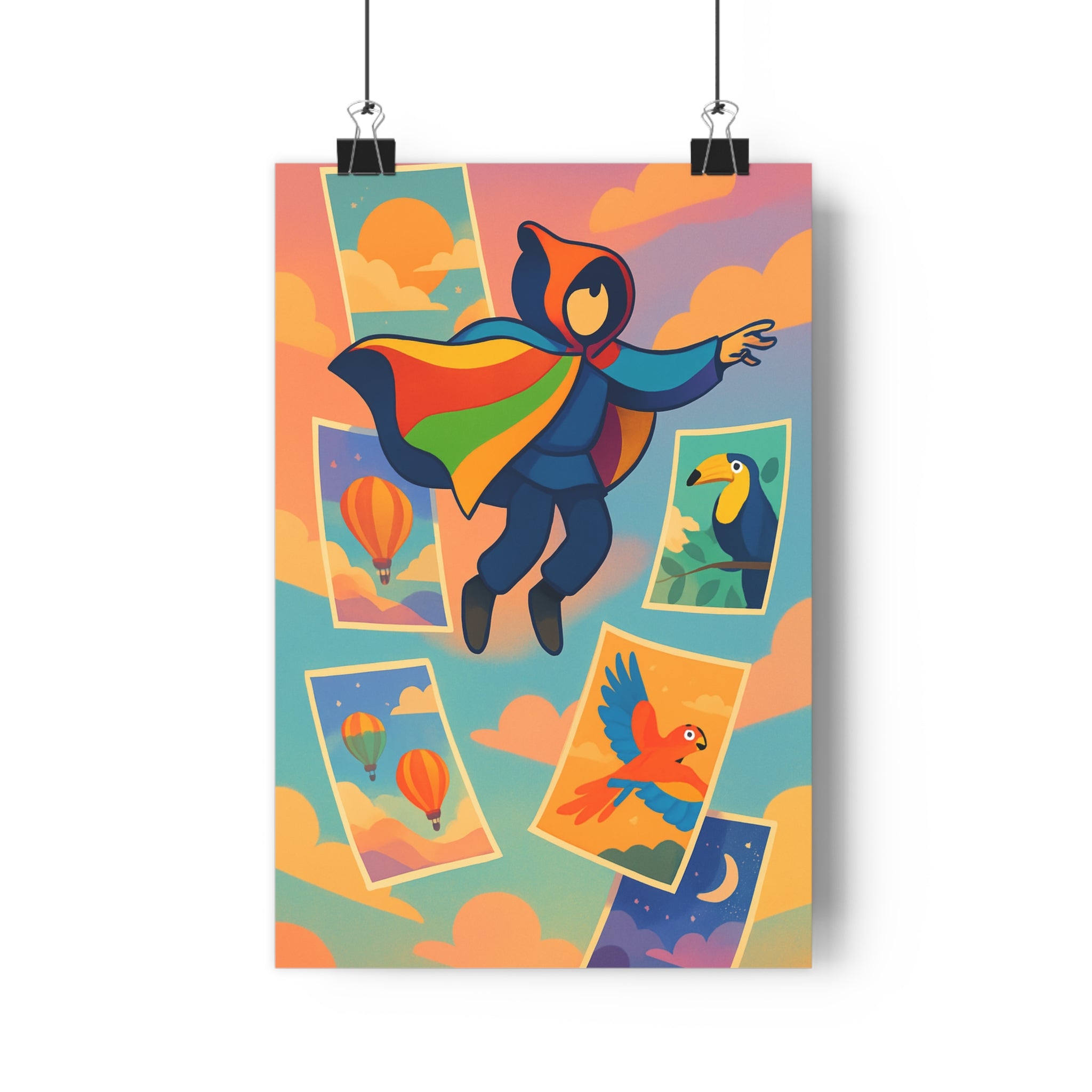 Poster décoratif aérien pastel rose orange bleu salon chambre fantaisie léger montgolfière toucan perroquet
