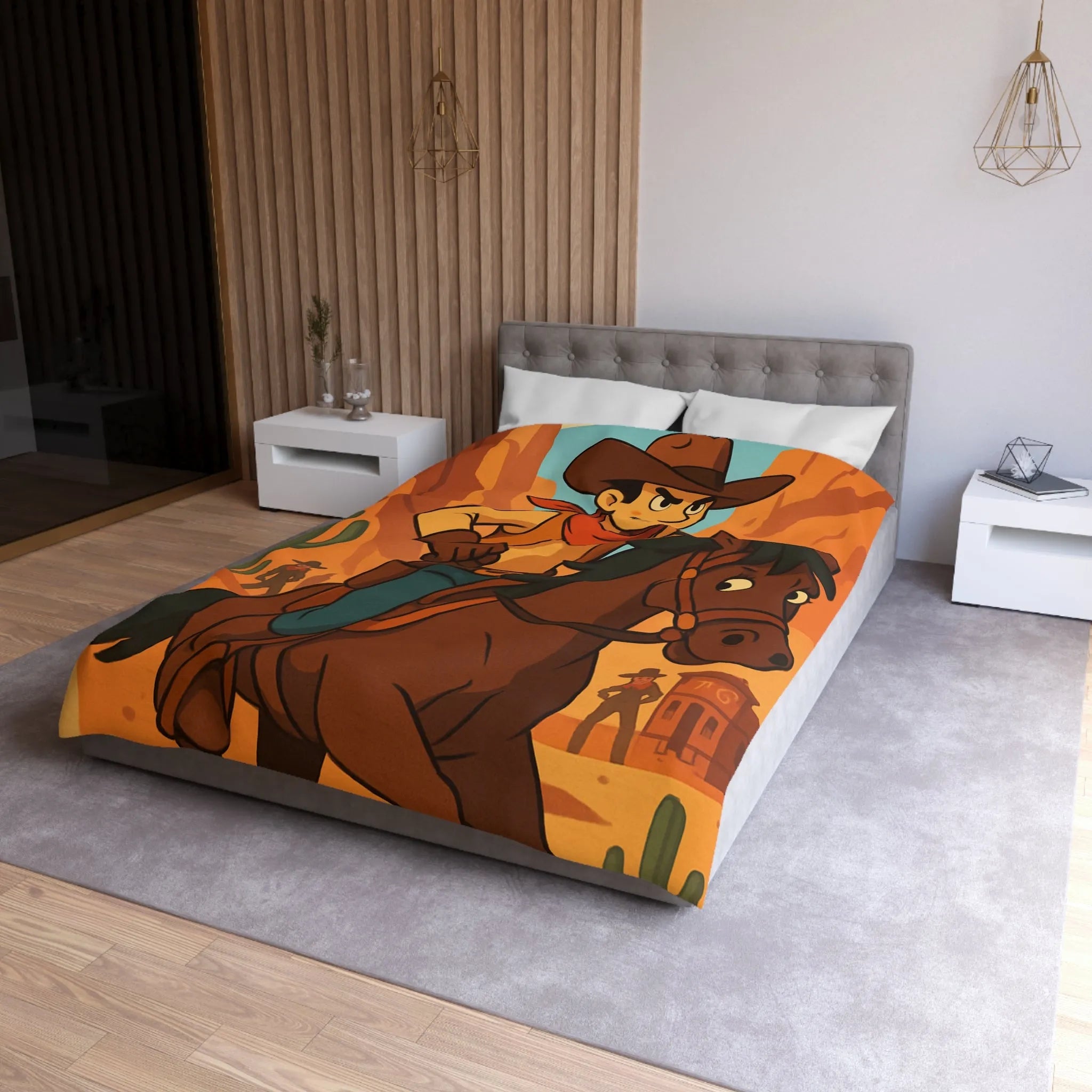 Housse de couette avec cavalier de dessin animé dans paysage désertique occidental